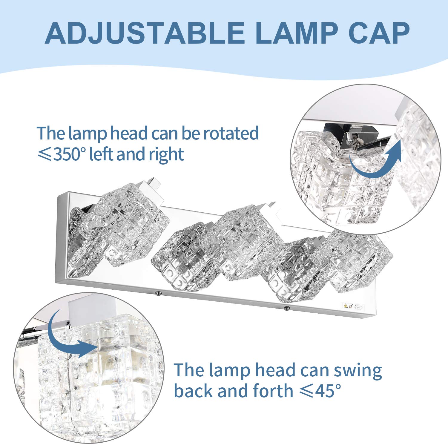 TRLIFE Bathroom Vanity Light Fixture, Modern 3-Light Crystal Design, 19 Inches, Silver, Stainless Steel, Model Crystal-TS-3T