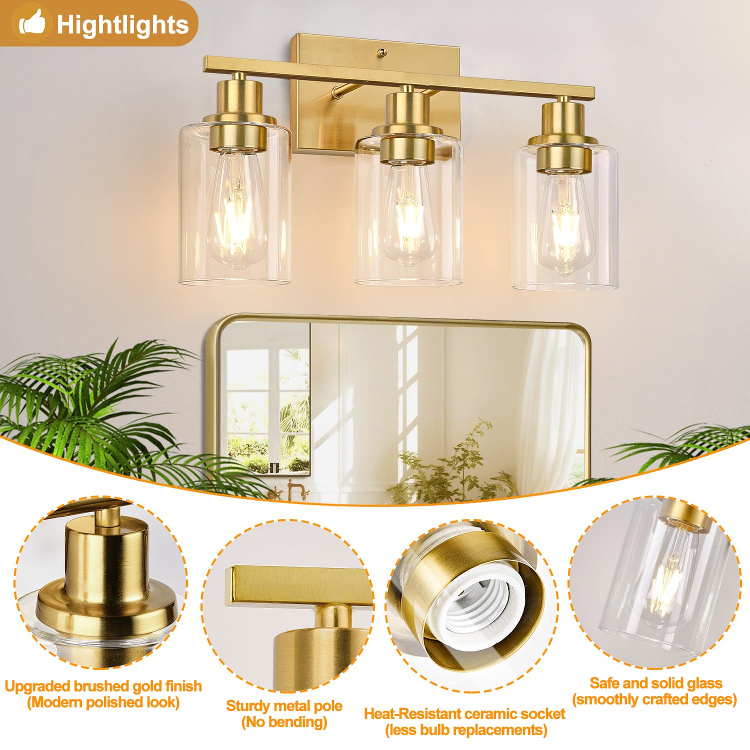 Indoi 3-Light Vanity Light Fixtures, Brushed Gold, Glass Shades, Model YX-032H, Modern Bathroom Wall Lamp