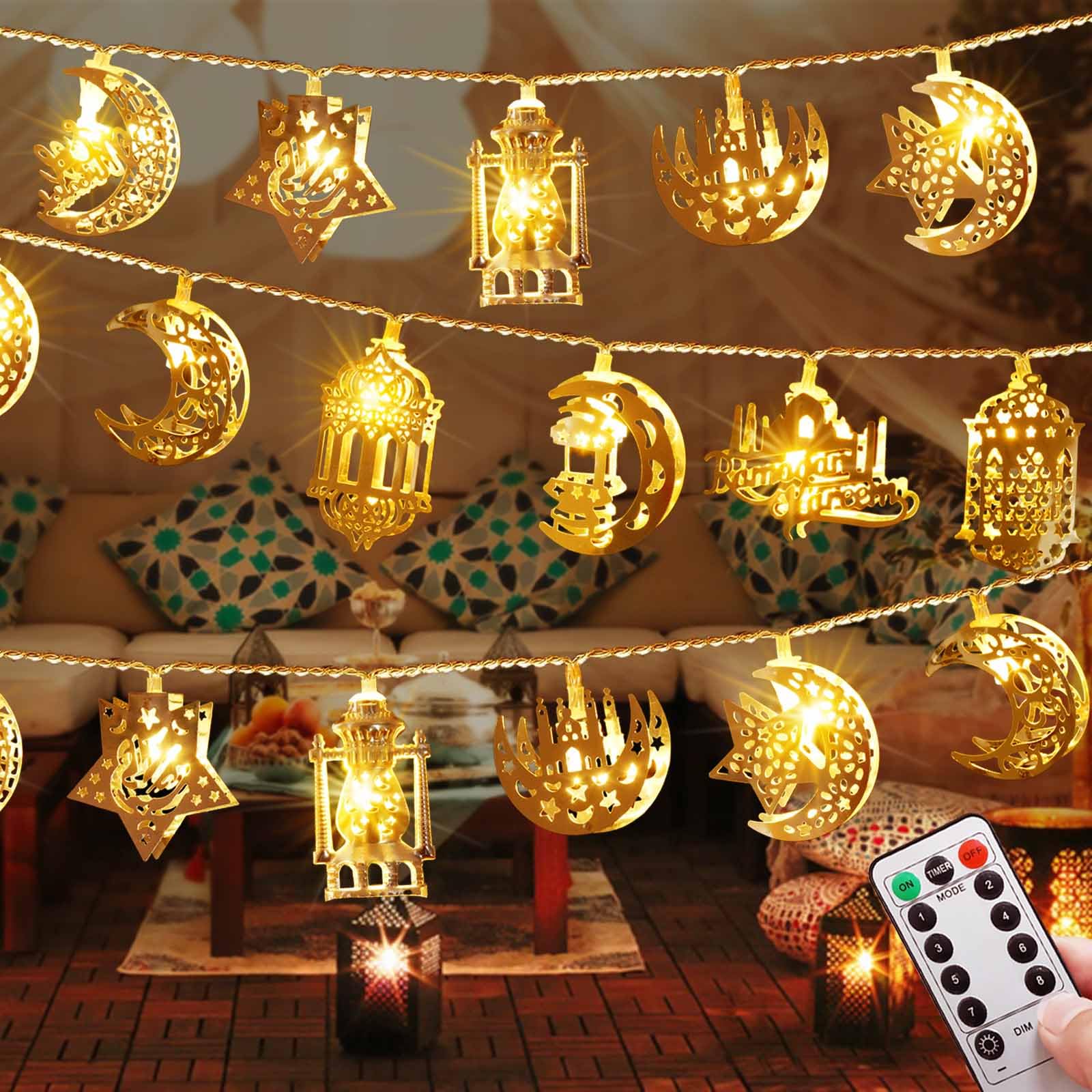 Homeleo Vintage Ramadan Decorations for Home, Battery Operated Ramadan Lights, 20 LED EID Mubarak Bronze Metal Moon Star Lantern String Lights for Mantle Window Tree Bedroom Classroom Ramadan Decor