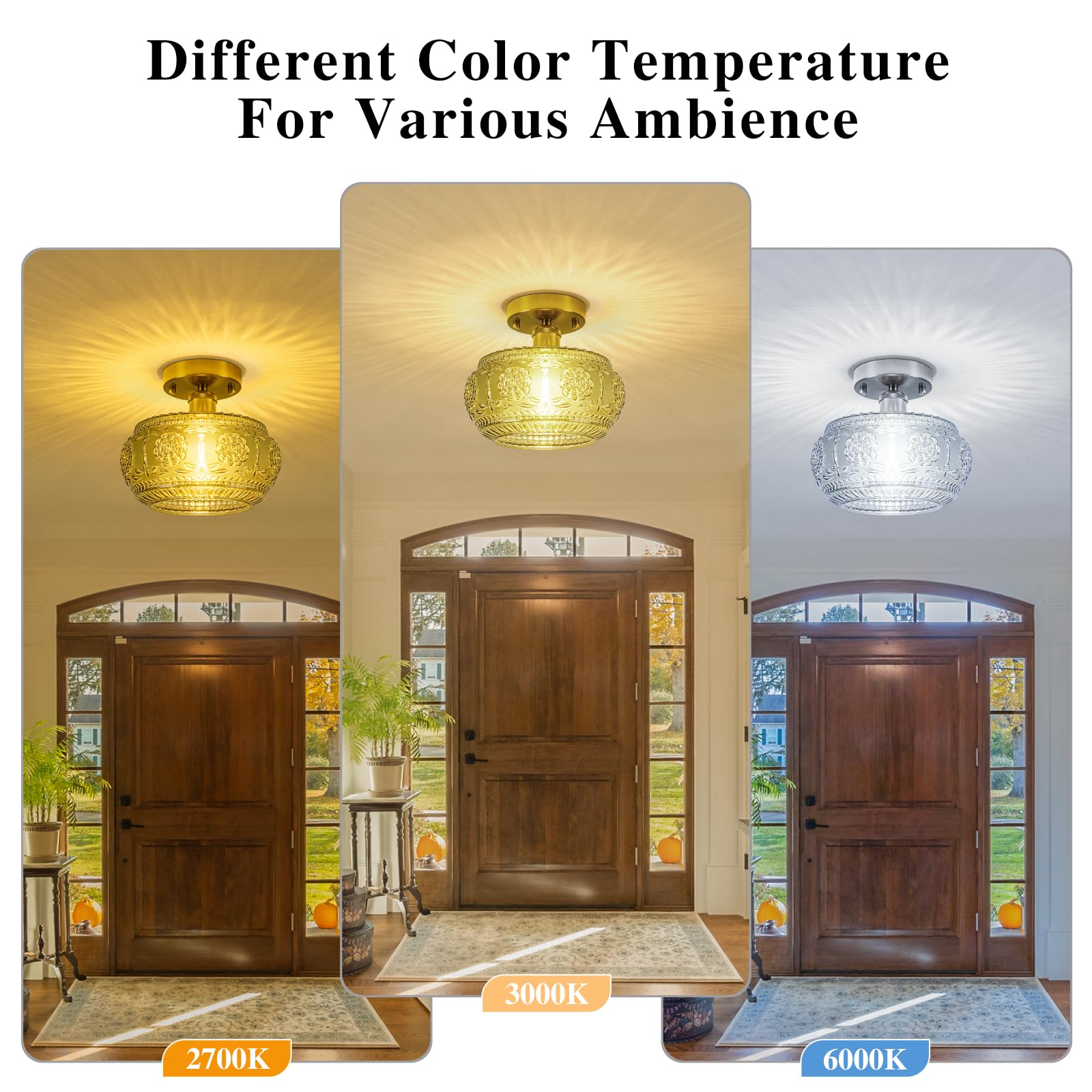 Tbaoinla Semi Flush Mount Ceiling Light Fixture - Brass & Gold Floral Design  Green Glass Shade  Vintage Modern Lighting For Kitchen  Bathroom  Entryway (Bulb Not Included)