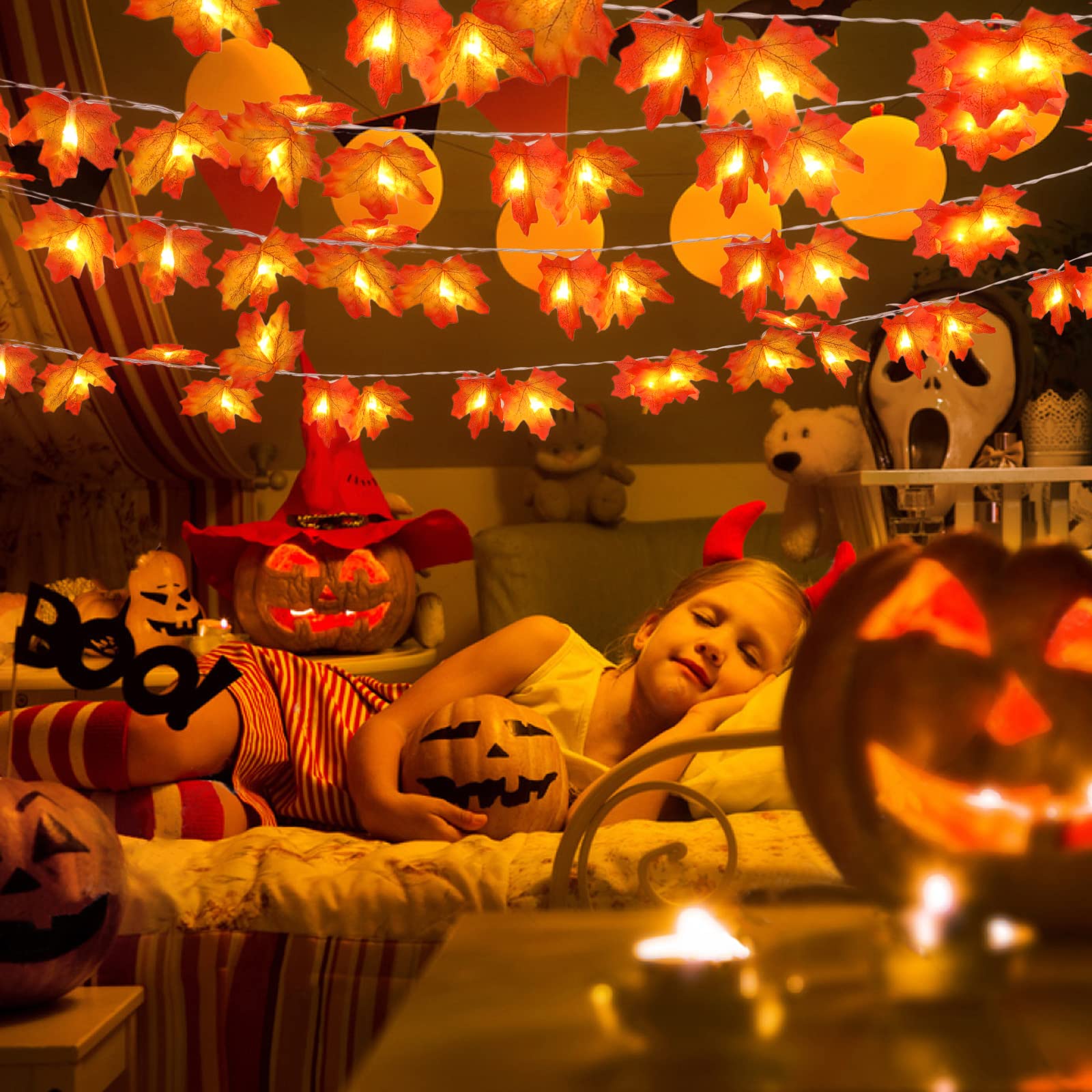 BBPOOL 20Ft Fall Garland String Lights - 40 LED Lighted Maple Leaves for Thanksgiving & Halloween Decor (2 Pack) - White