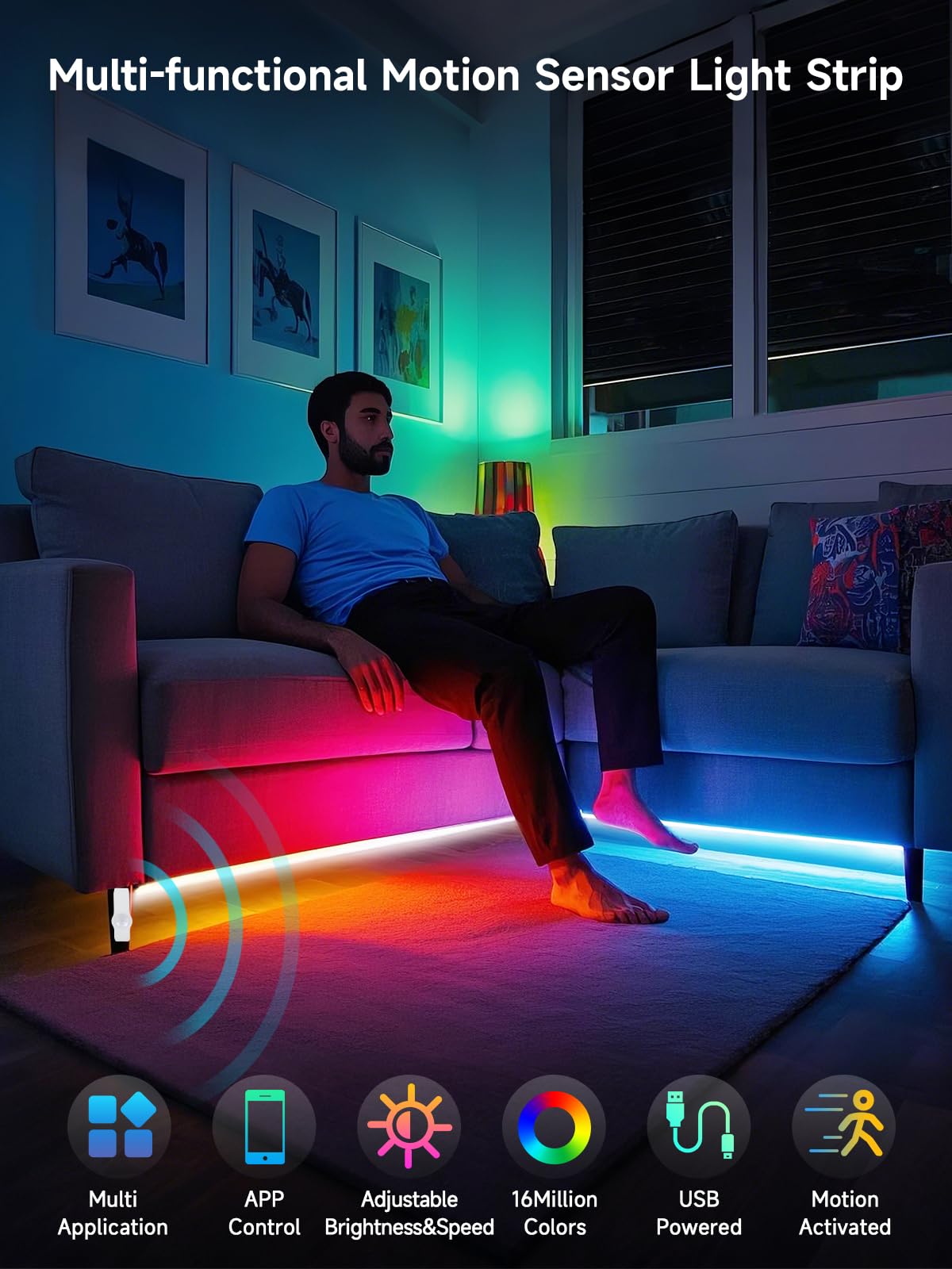 Kantutoe Motion Activated Led Light Strip, 16.4Ft Motion Sensor Led Light Indoor With App Control, Under Bed Lights Motion Senso