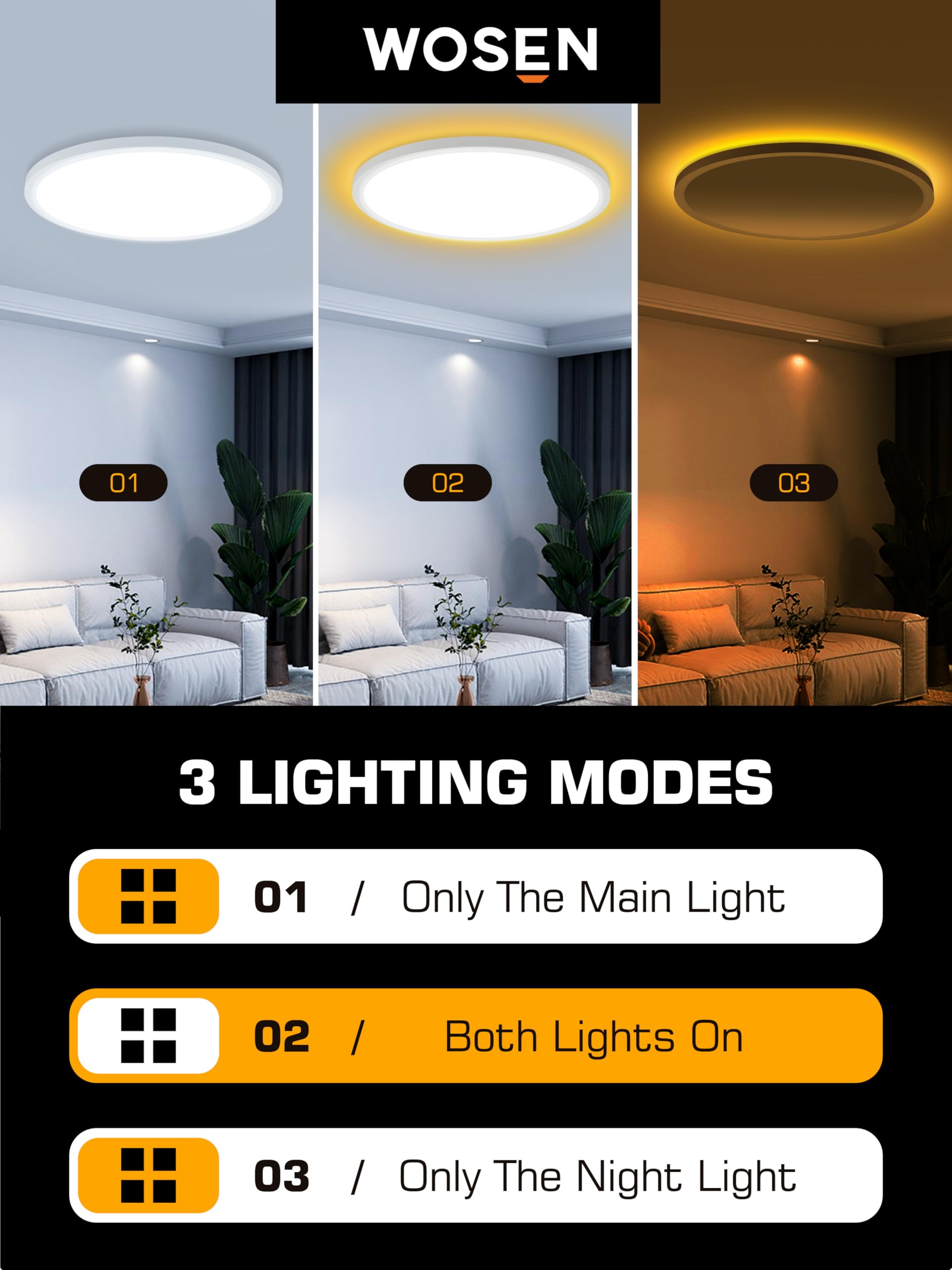 Wosen 12 Inch White LED Flush Mount Ceiling Light, 5 Color Temperature, 24W, Ultra-Slim, Remote Control, Round Fixture for Bedroom