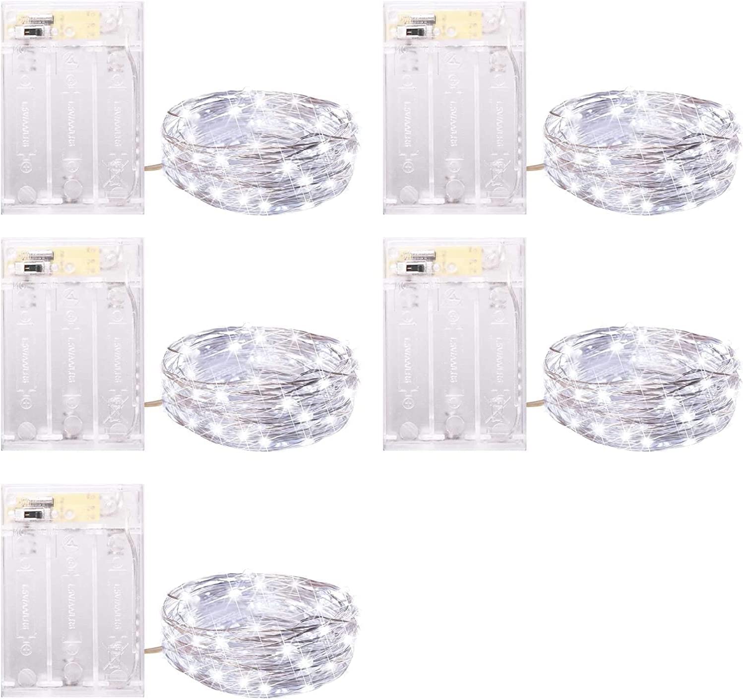 Minetom Fairy Lights, Battery Operated 5 Pack, 20 LED, 7 FT, Waterproof Silver Wire, Pure White