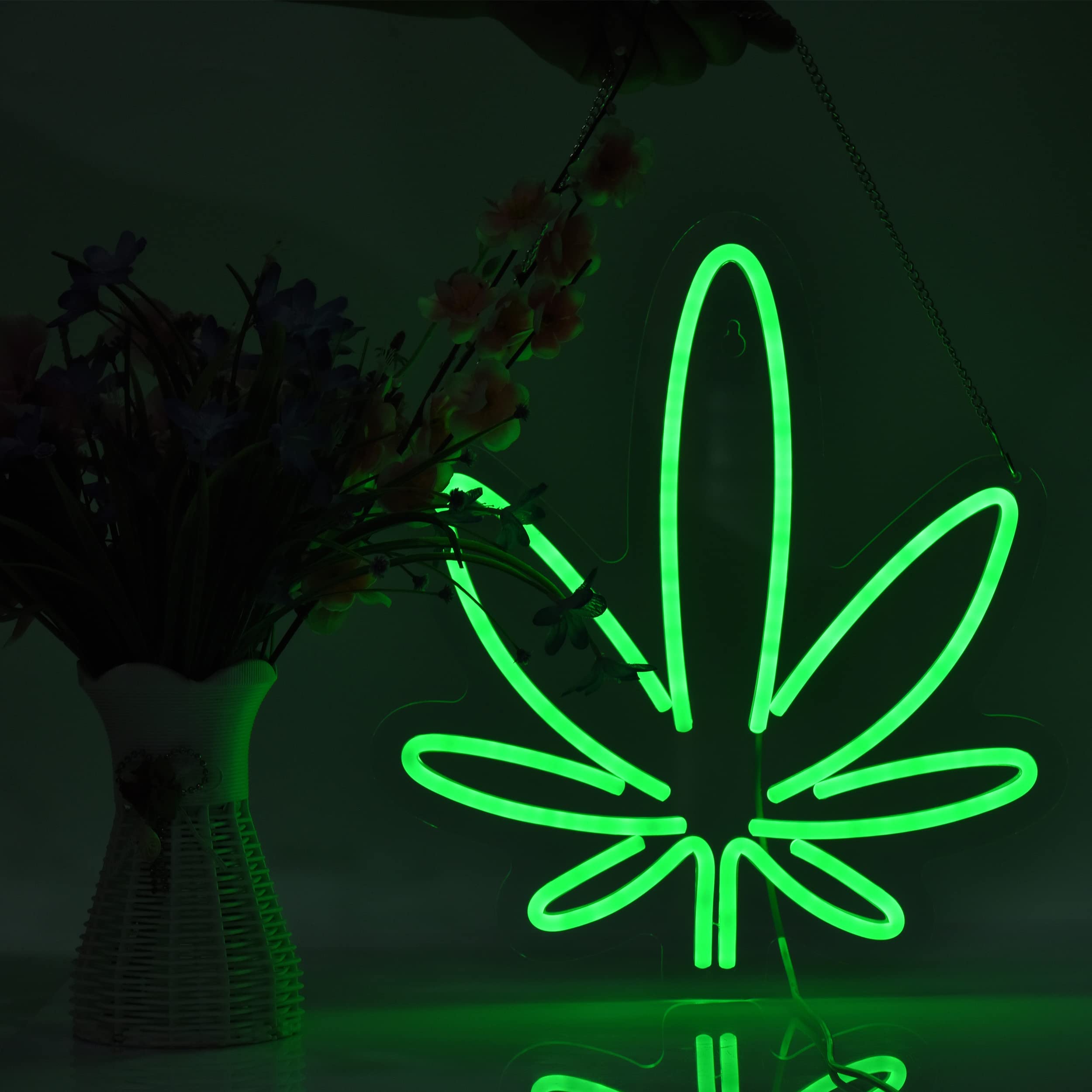 Roouneon Green Leaf Neon Sign With Dimmable Switch - Led Wall Light For Bar, Club, Office