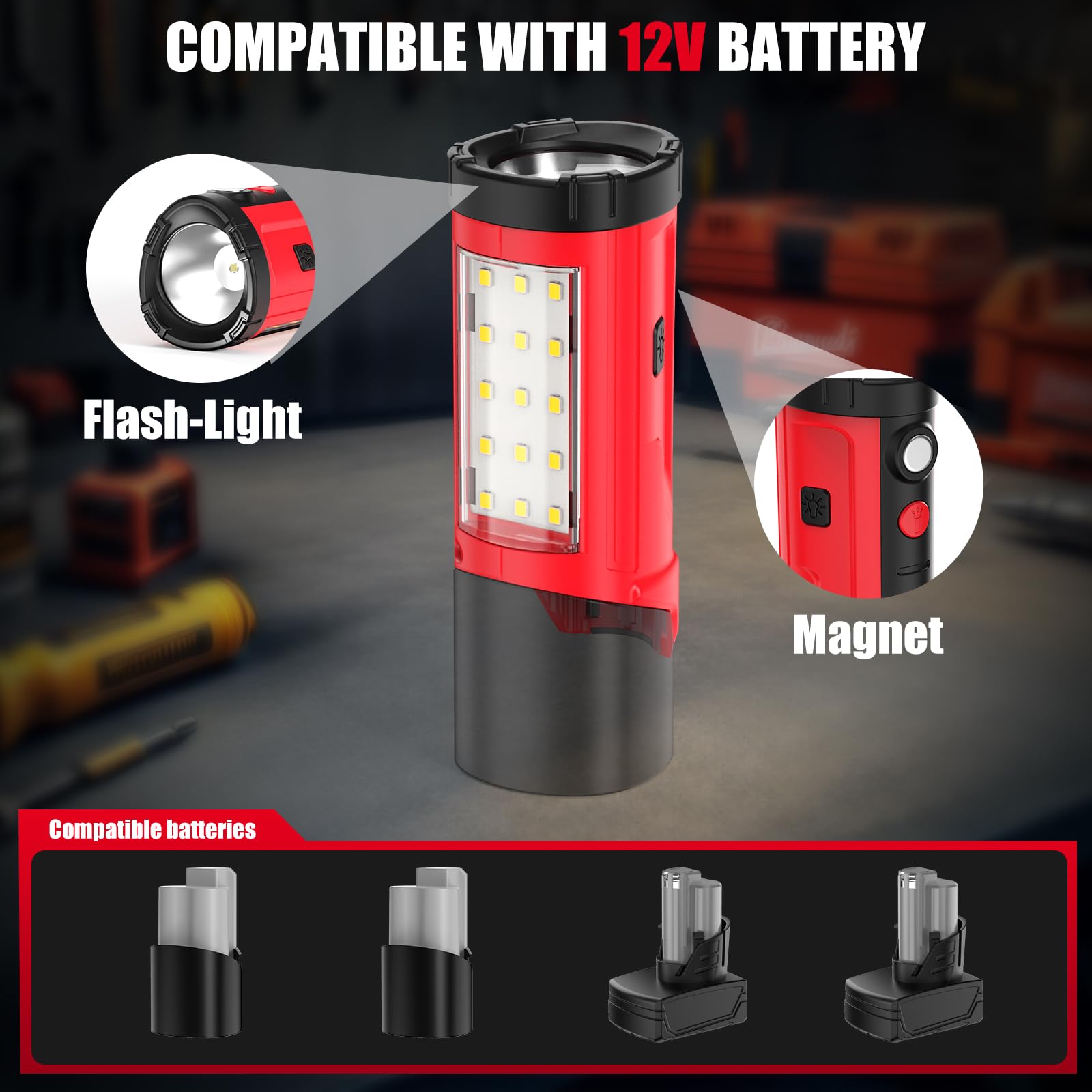 ohyes Work Light Compatible with Milwaukee 12V Battery Magnetic Max 650LM 2 in 1 Flash Light for Camping Jobsite & Workshop(Batt