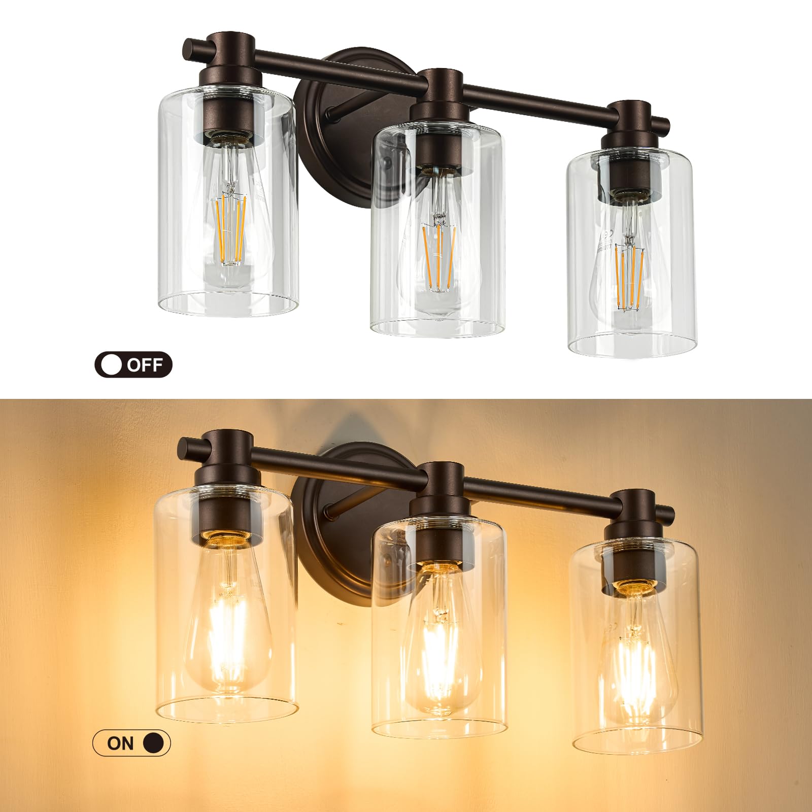 ALAISLYC Bathroom Light Fixture Sconce, 3 Lights, Oil-Rubbed Bronze, Clear Glass, Model ALAISLYC, Ideal for Vanity, Living Room, Hallway