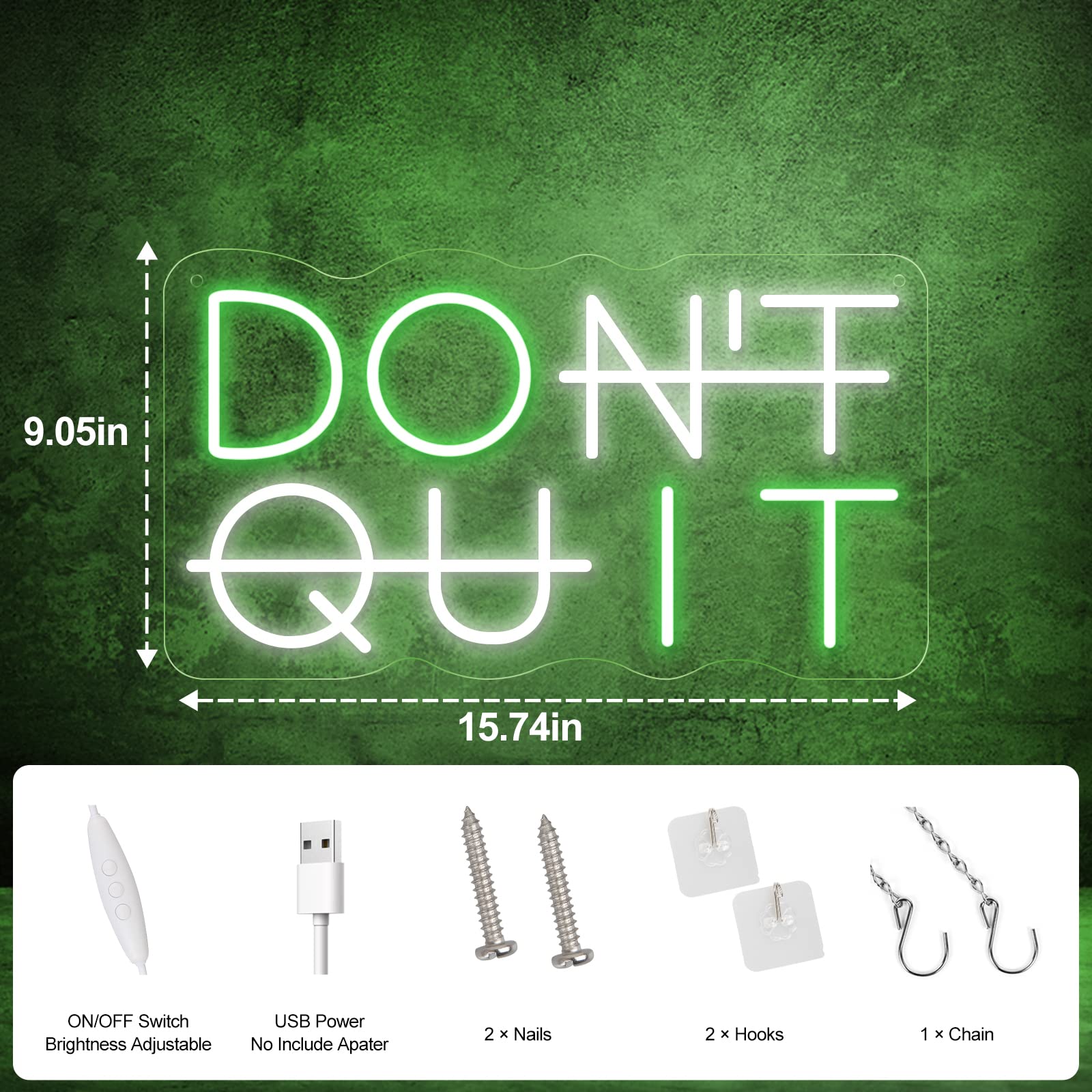YIKBIK Don't Quit LED Neon Sign - Green&White Acrylic Wall Decor for Office, Gym, Man Cave, Gamer Room, USB Powered Adjustable Lighting