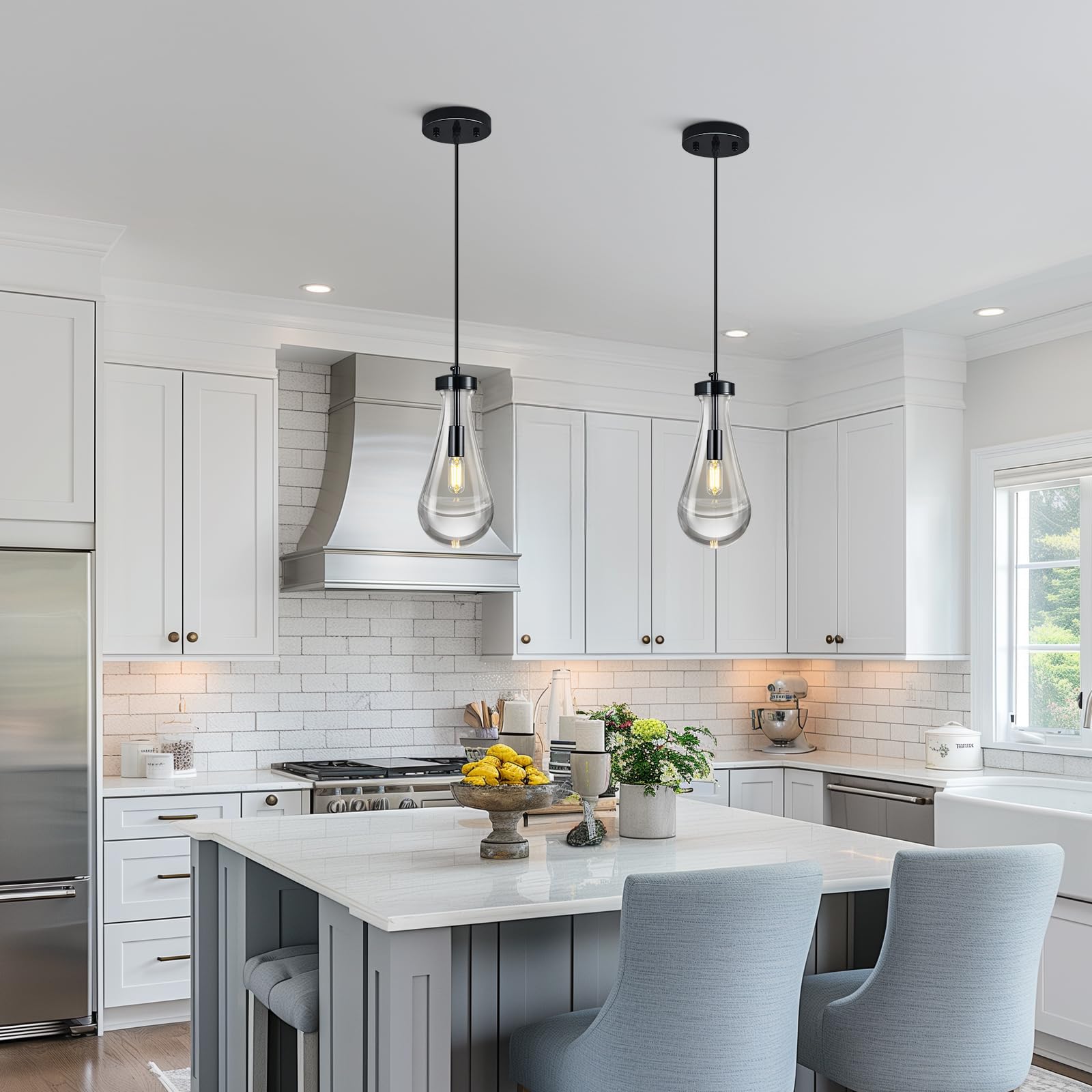 Liangmh Raindrop Pendant Lights Kitchen Island Teardrop Platingblack Hanging Light Fixtures Clear Solid Glass Pendant Light Mode