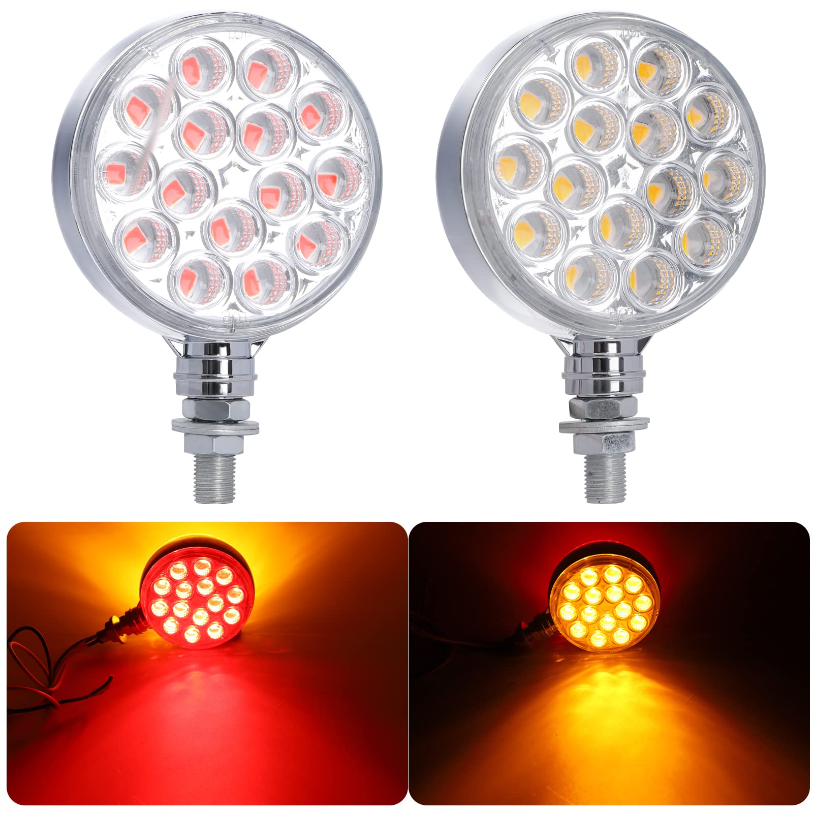Double-Face Pedestal Fender Light Round Amber Stud Mount  3 Inch 30 LED Clear Lens Rear Stop Turn Tail Signal Trailer Light for Semi Truck Peterbilt Kenworth Freightliner Towing Truck 2 Packs