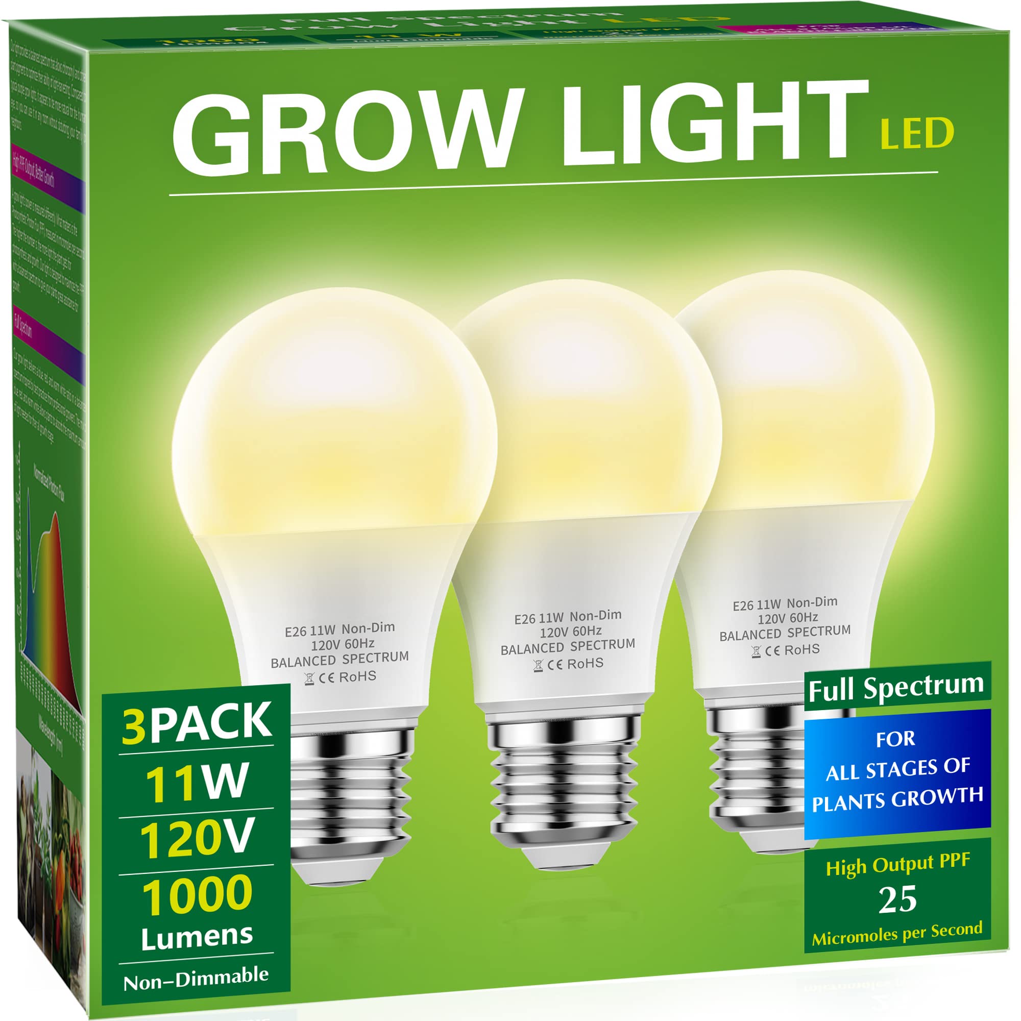 Briignite Grow Light Bulbs, Led Grow Light Bulb A19 Bulb, Full Spectrum Grow Light Bulb, Plant Light Bulbs E26 Base, 11W Grow Bu
