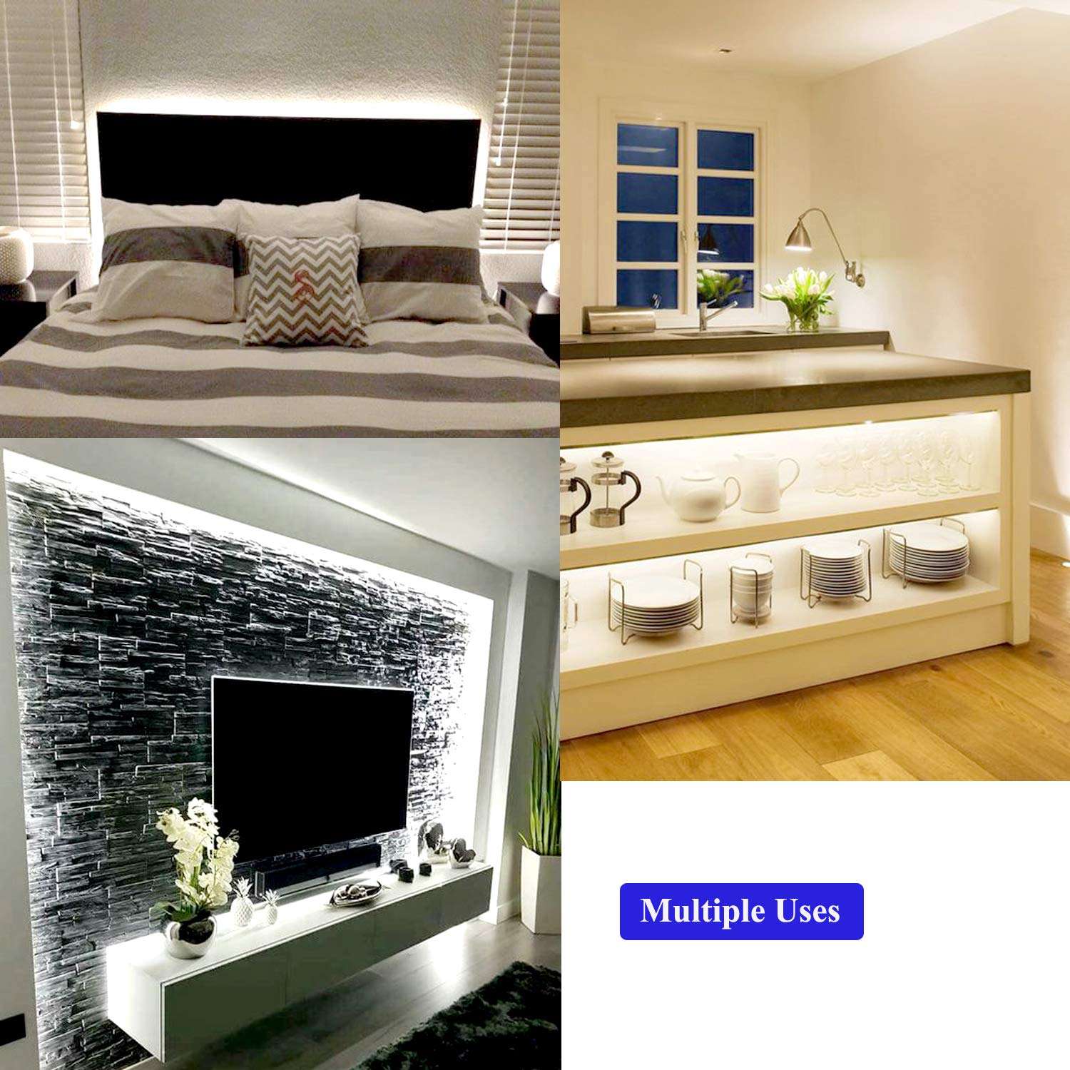 Junwen 40Ft White Led Strip Lights, Flexible Smd2835 Led Ribbon Lights 12V Dimmable Strip Lighting Plug In Indoor Led Tape Light Cuttable Led Strip Lights For Bedroom Christmas Kitchen Cabinet Mirror