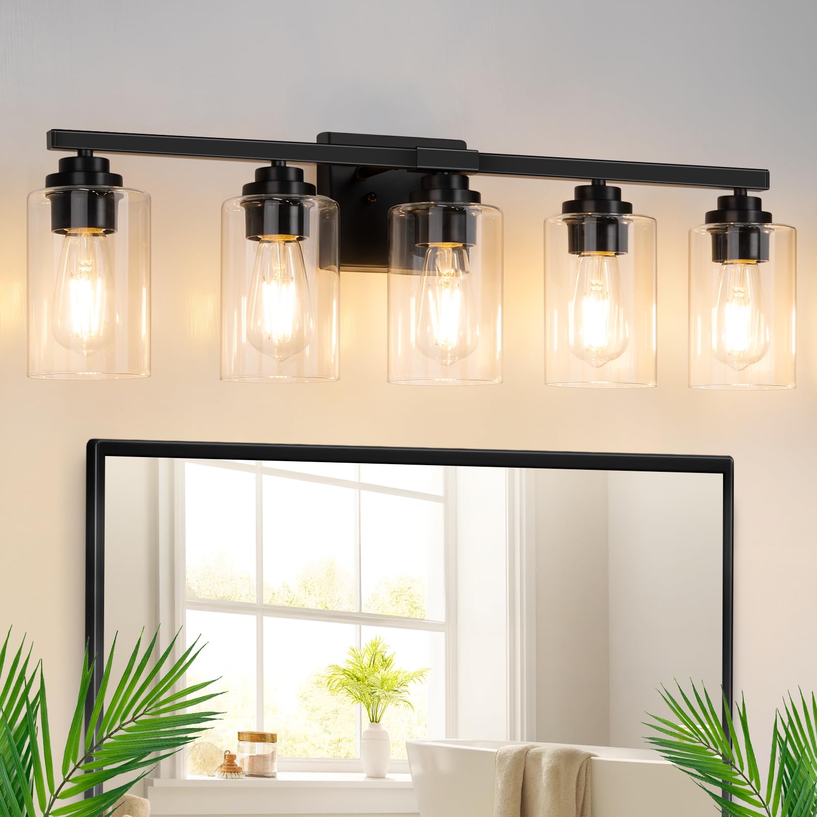 5-Light Matte Black Bathroom Light Fixtures  31 Modern Vanity Lighting Fixture for Bathroom  Bathroom Vanity Lights Over Mirror with Clear Glass Shades  Wall Lamp for Mirror Living Room Bedroom Porch