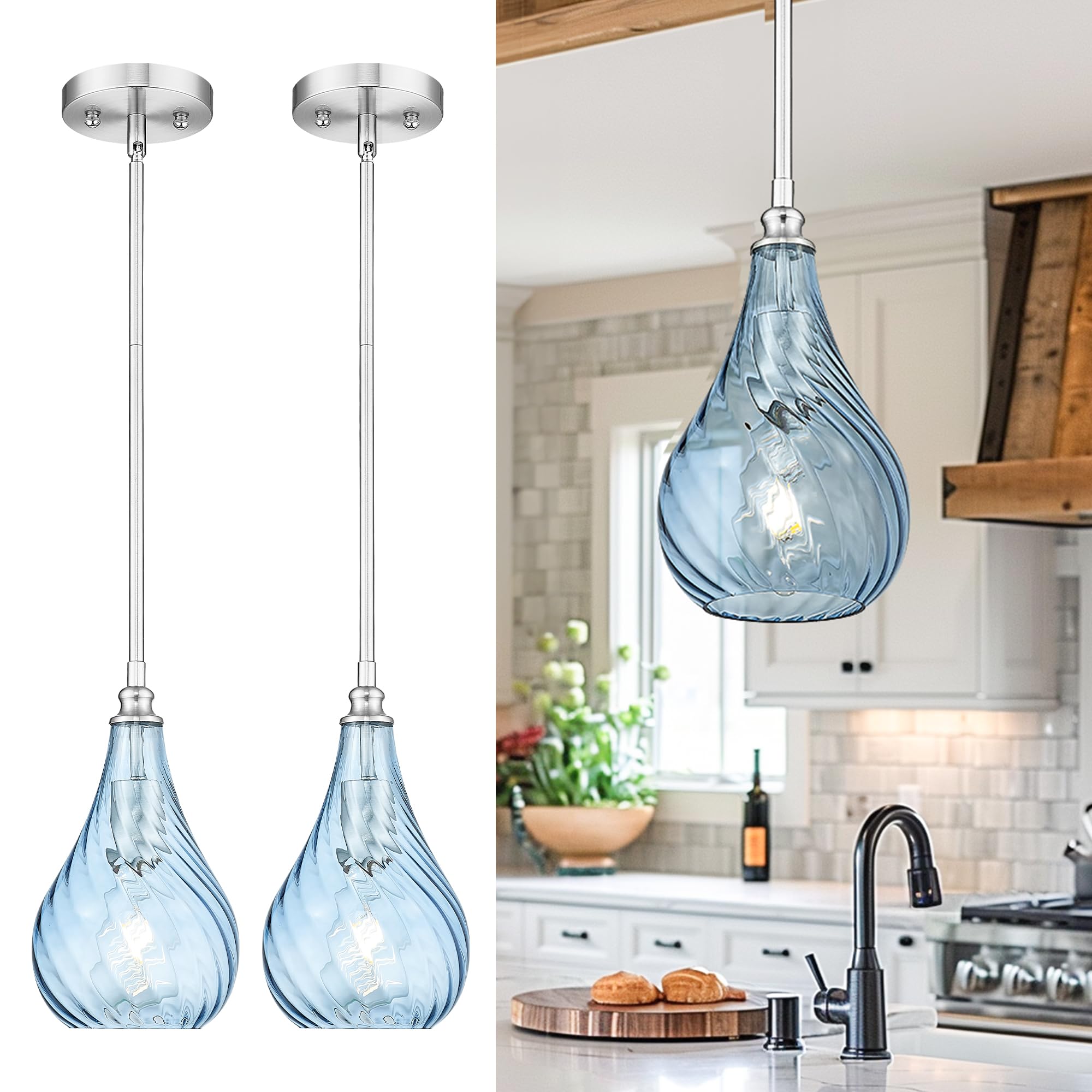 TENGXIN 2 Pack Island Pendant Lights, Brushed Gold Striped Glass, Farmhouse Style for Dining Room & Bedroom, TXPLBN13-2