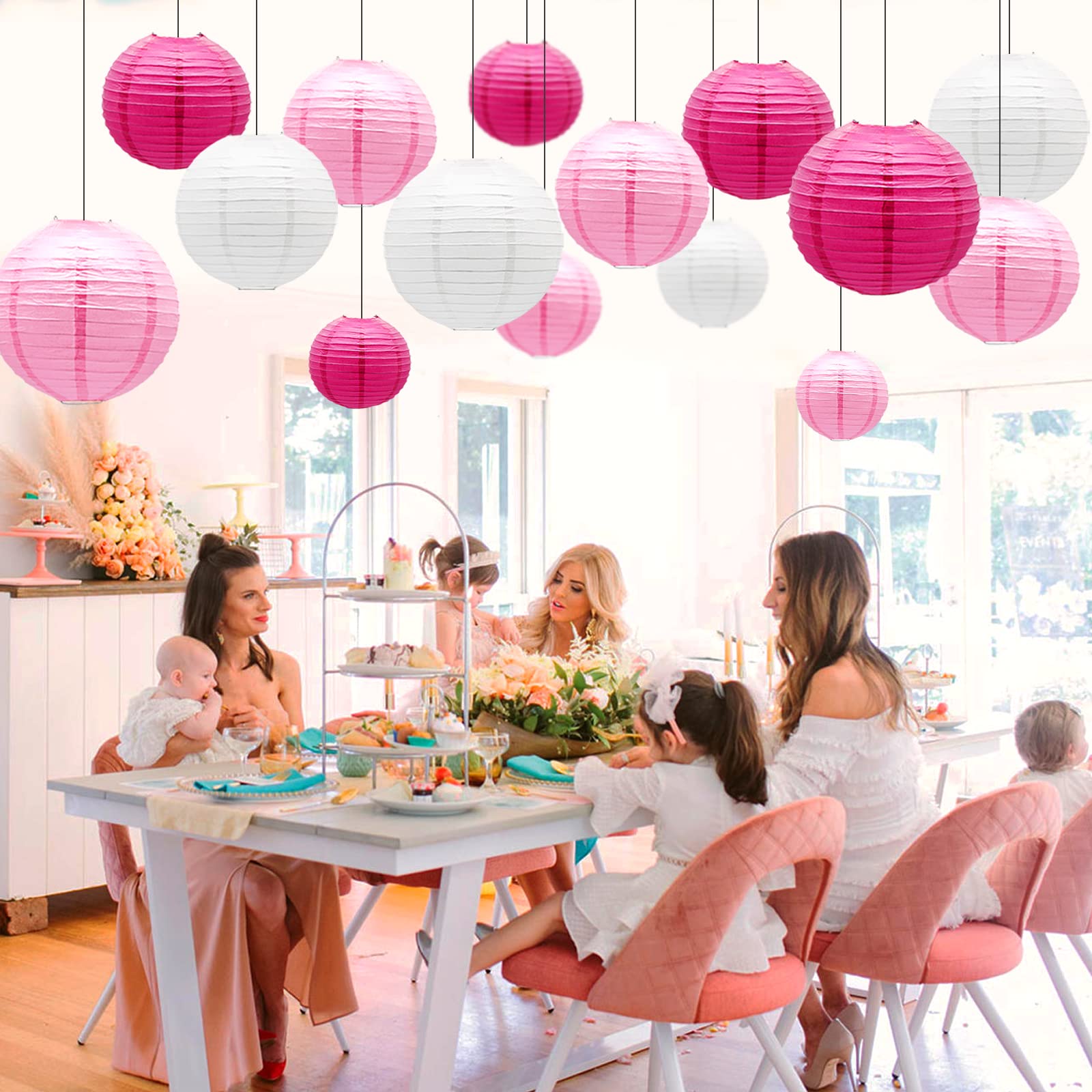 Round Chinese Paper Lanterns Decorative 15Pcs Wedding Birthday Party Valentine'S Day Baby Showers Decoration (Pink)