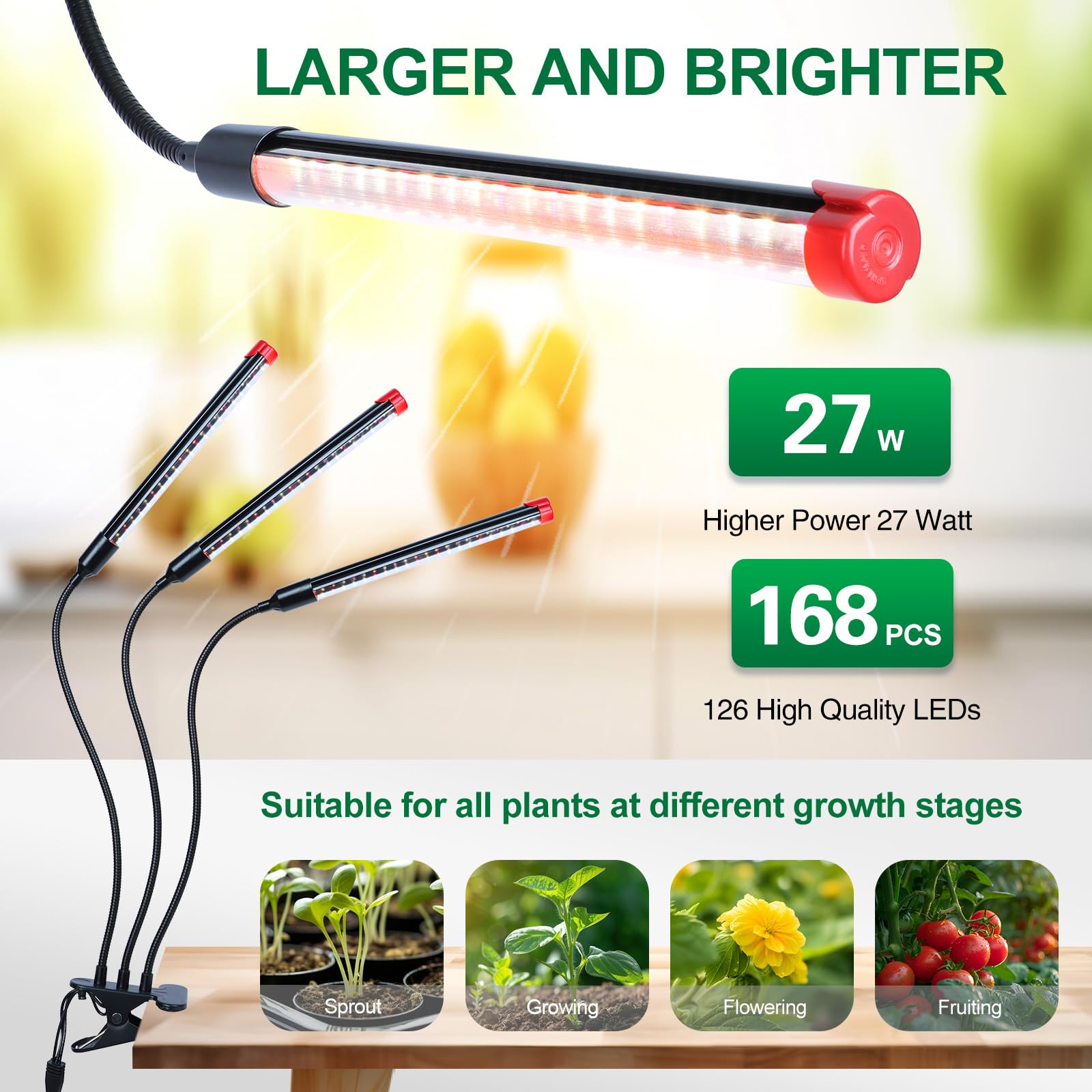 FRGROW Grow Lights for Indoor Plants, Full Spectrum, 3-Head, 3000k/5000k/660nm, Dimmable, Black, Model JZ03