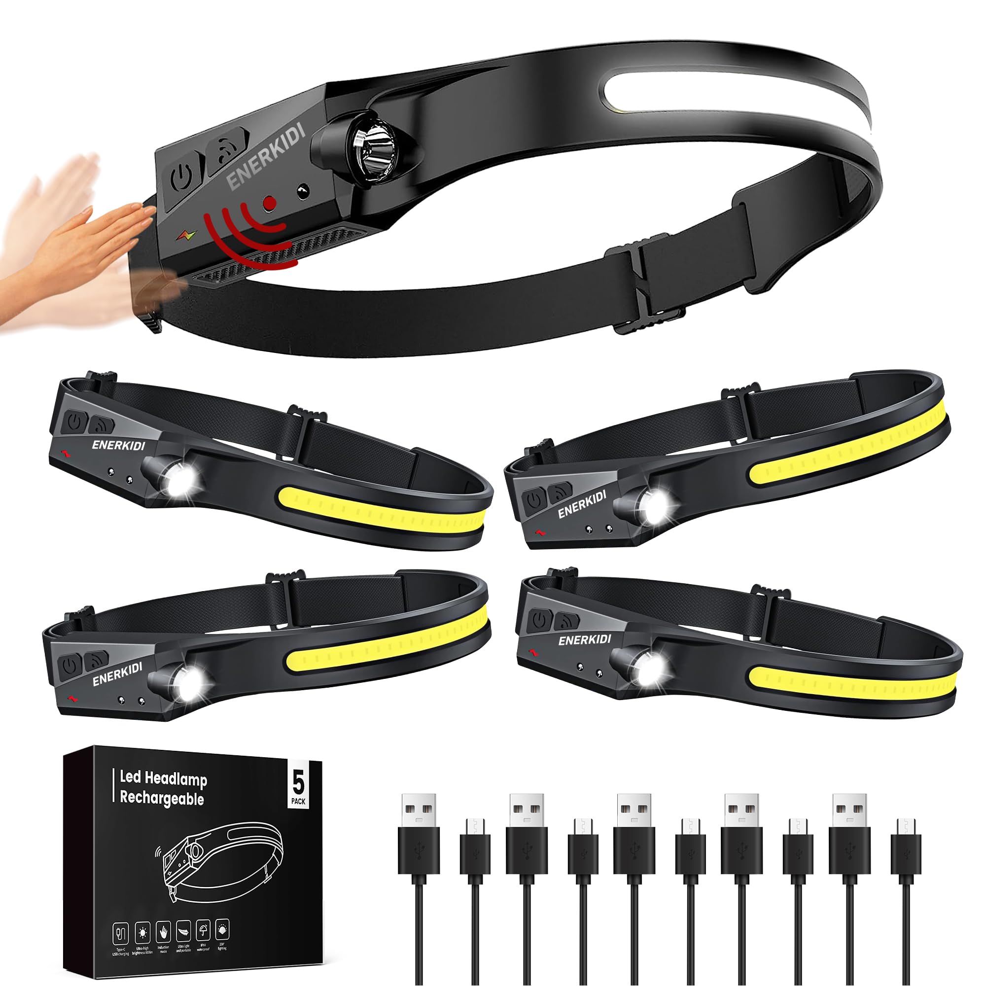5 Packs Led Headlamp Rechargeable Headlamps For Adults, 5 Modes Head Light Sensor Mode 230 Wide Beam Ipx4 Headlight Waterproof C