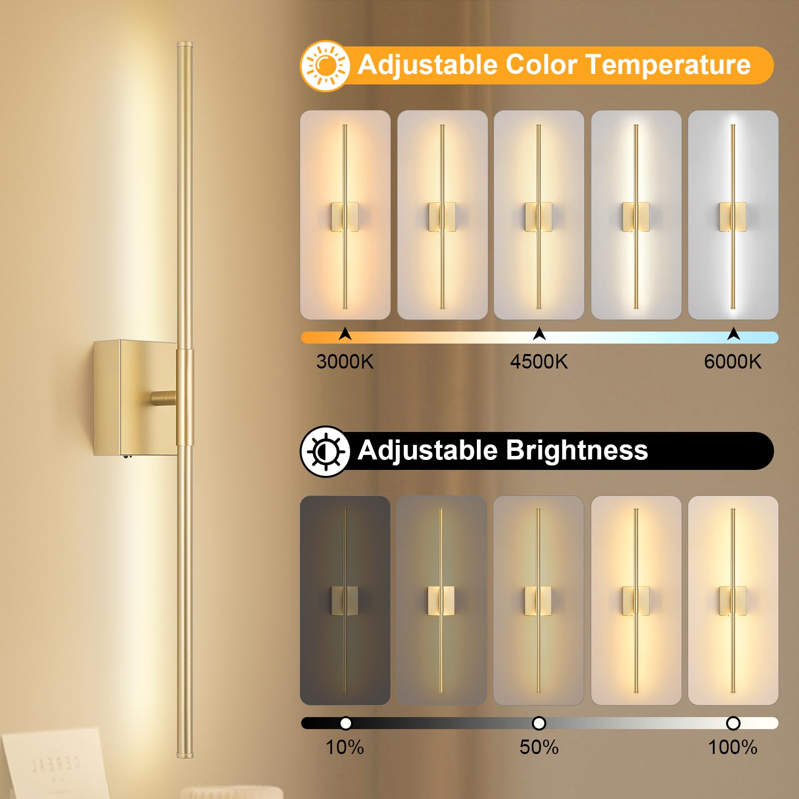 JZEKVN Battery Operated Wall Sconce Set of Two, Dimmable 3000K-6000K, 29.1in Gold, Remote Control, Metal, Model 202