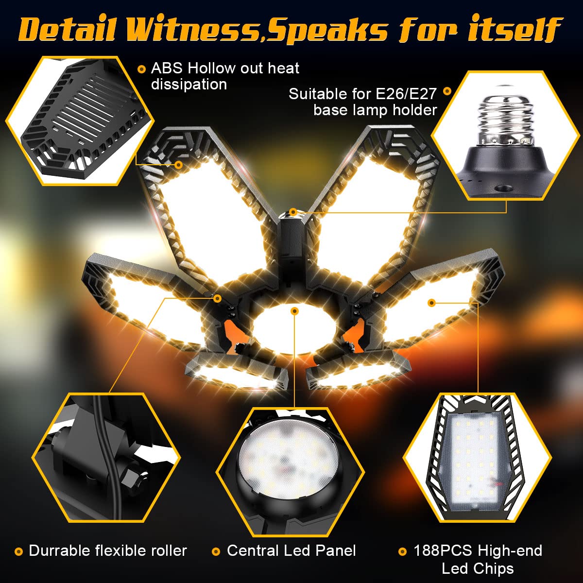 2 Pack Led 120W Warm Light Ceiling Fixtures - Basement Light, 3000K Deformable Garage & Shop Led Light Bulb For Workshop, Wareho