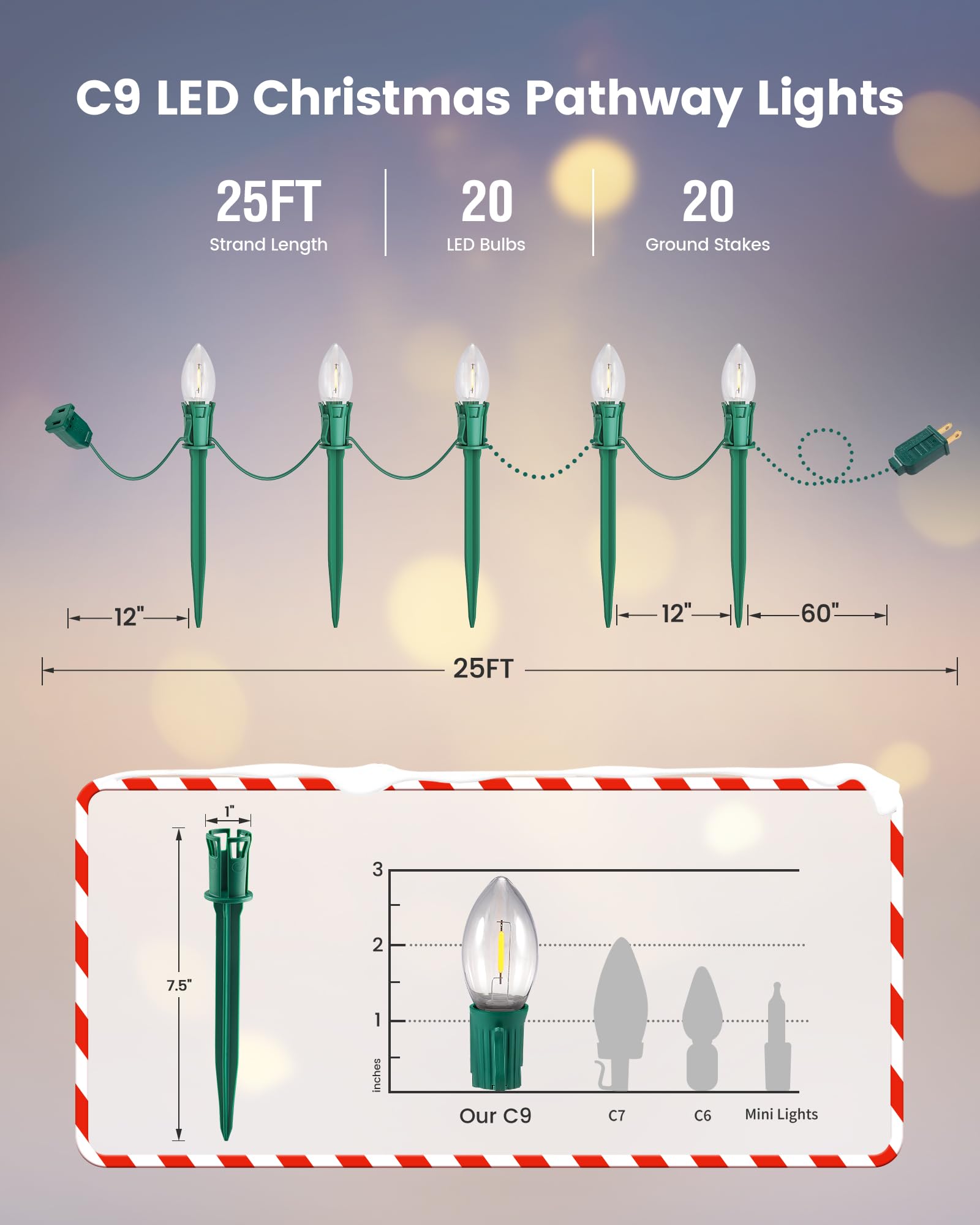 Suraielec C9 Christmas Pathway Lights, 25Ft Walkway Christmas Lights With 20 Warm Led Bulbs, 20 Stakes, Holiday Decoration For S