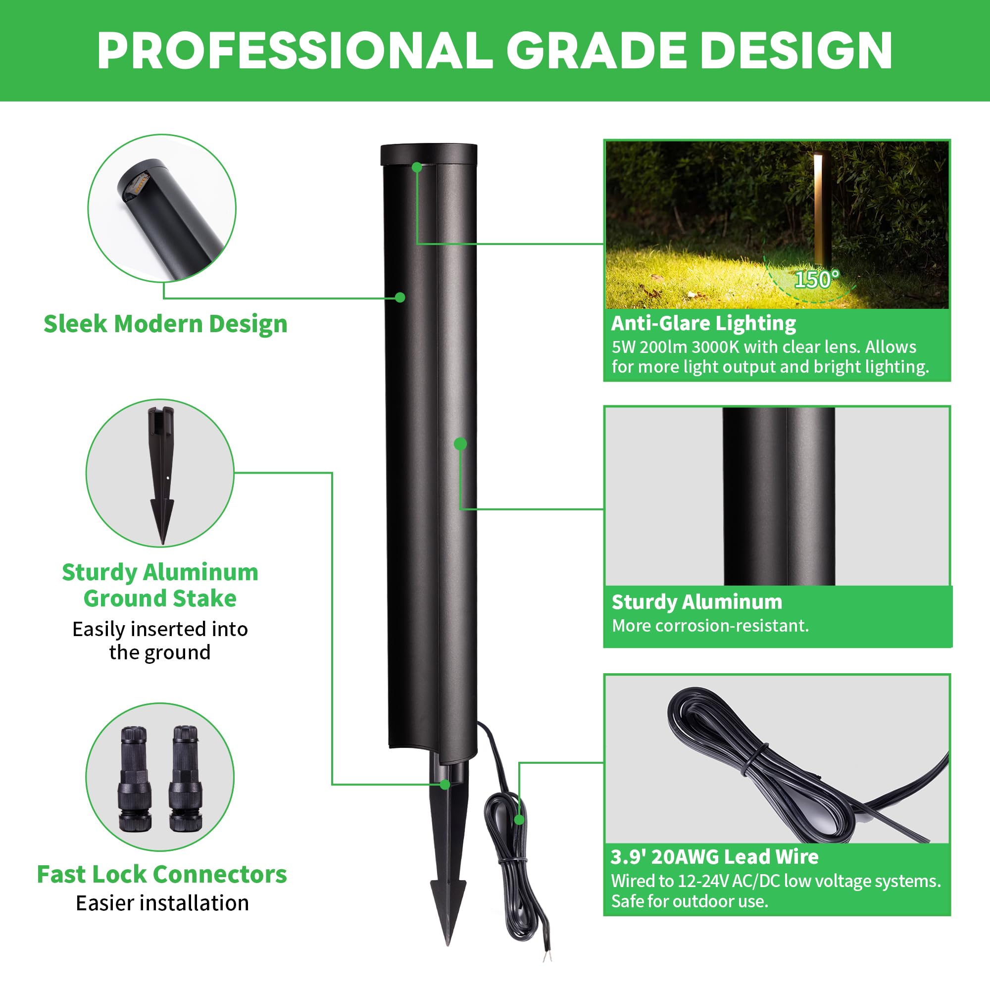 Varmtalys Low Voltage Pathway Lights, Led Landscape Path Lights, Outdoor Waterproof Ip65, Wired Black Aluminum, 5W 200Lm For Wal