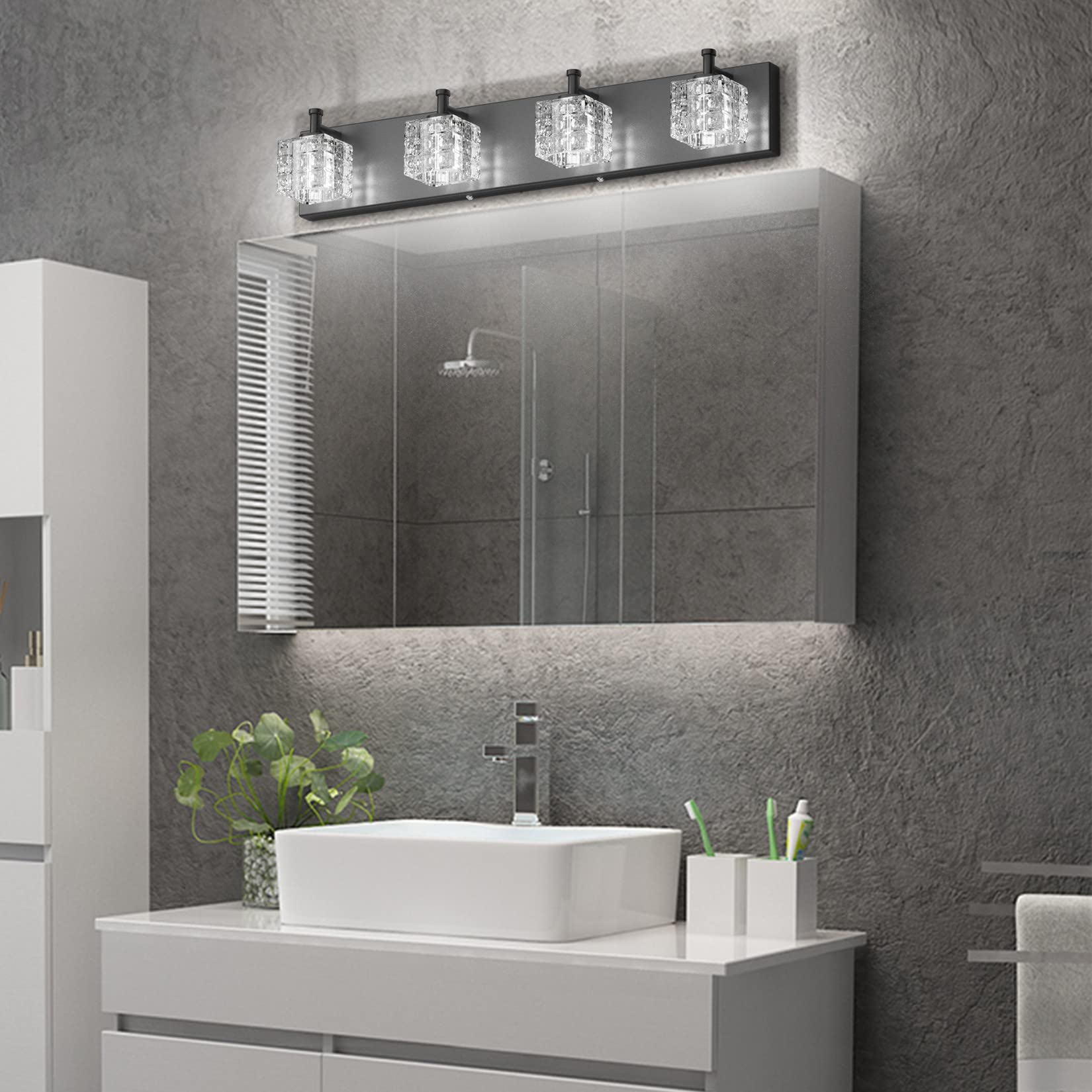 Ralbay Crystal Vanity Lights - 4 LED Matte Black Bathroom Lights Over Mirror - 26 inch - Model 9822ralbay - Metal