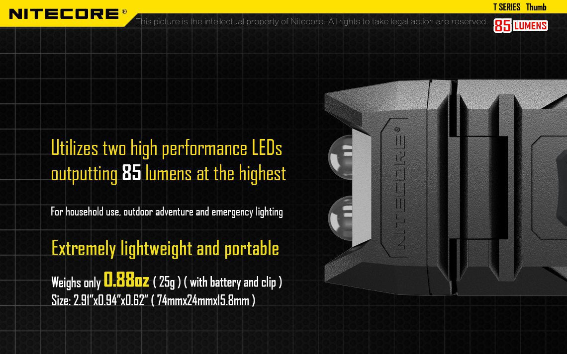 Nitecore Thumb LED Keychain Light - 85 Lumens USB Rechargeable, Tiltable Work Light, Black, Model THUMB