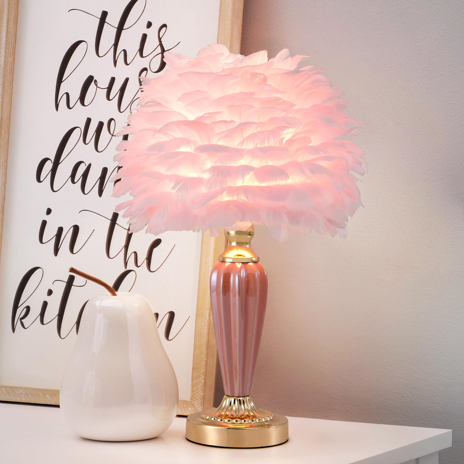 Zyleisenbao Pink Feather Lamp Creative Bedside Lamp Feather Table Lamp Cute Furry Goose Nightstand Light For Girl Bedroom Wedding Decor Living Room Hotel Office Valentines Dating Gift