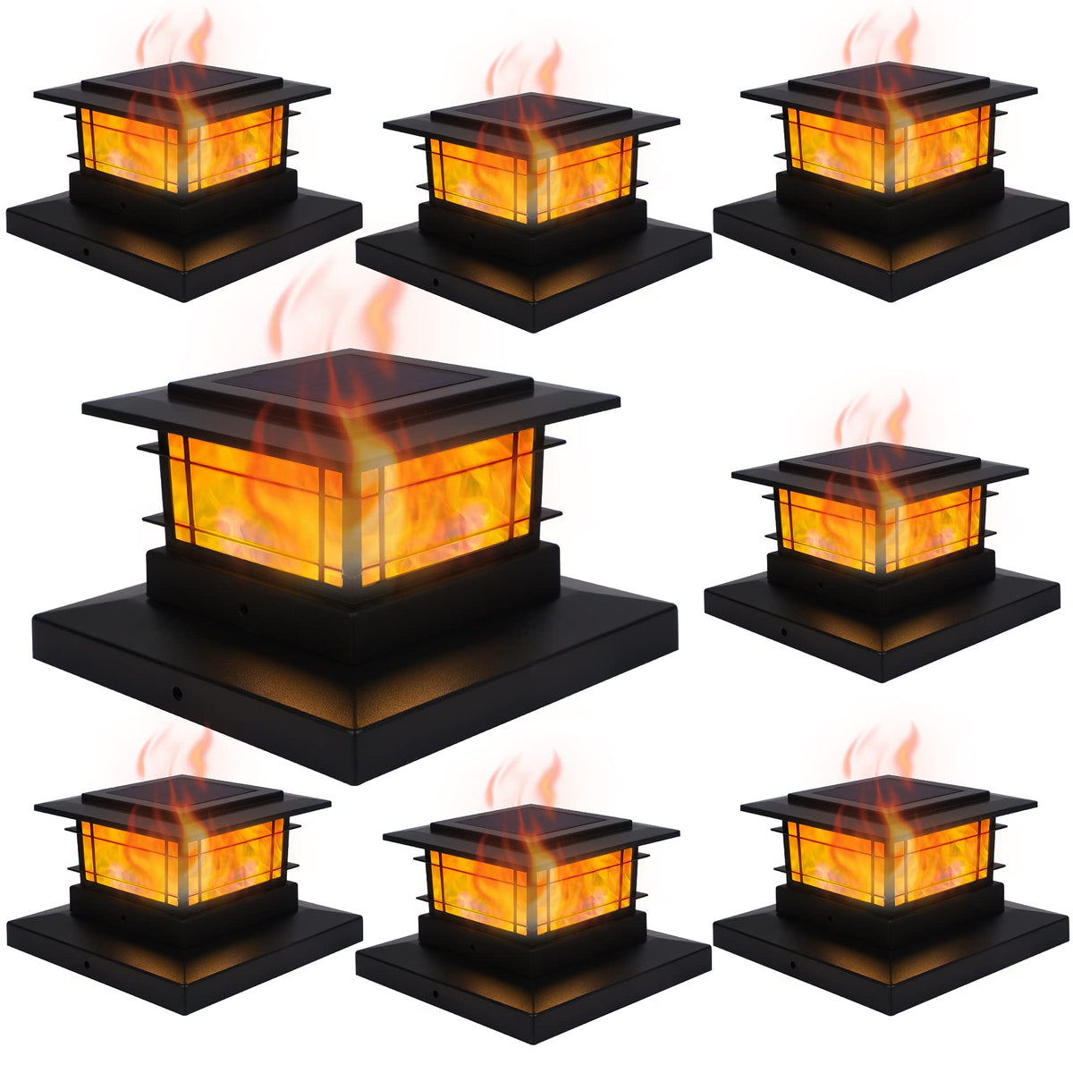 Dynaming 8 Pack Solar Flame Post Lights Outdoor, Solar Powered Fence Post Cap Lights, High Brightness Flickering Flame SMD LED Lighting Decor for Garden Deck Patio, 4x4, 5x5 or 6x6 Vinyl/Wooden Posts