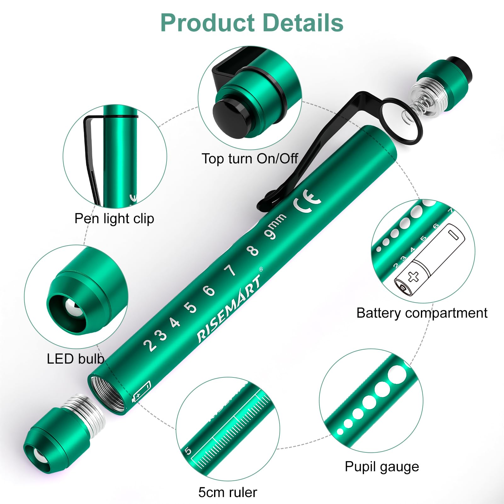 Risemart Pen Light, Nurse Led Medical Penlight With Pupil Gauge For Nursing Students Doctors, Warm/White Light, Pen Lights For N