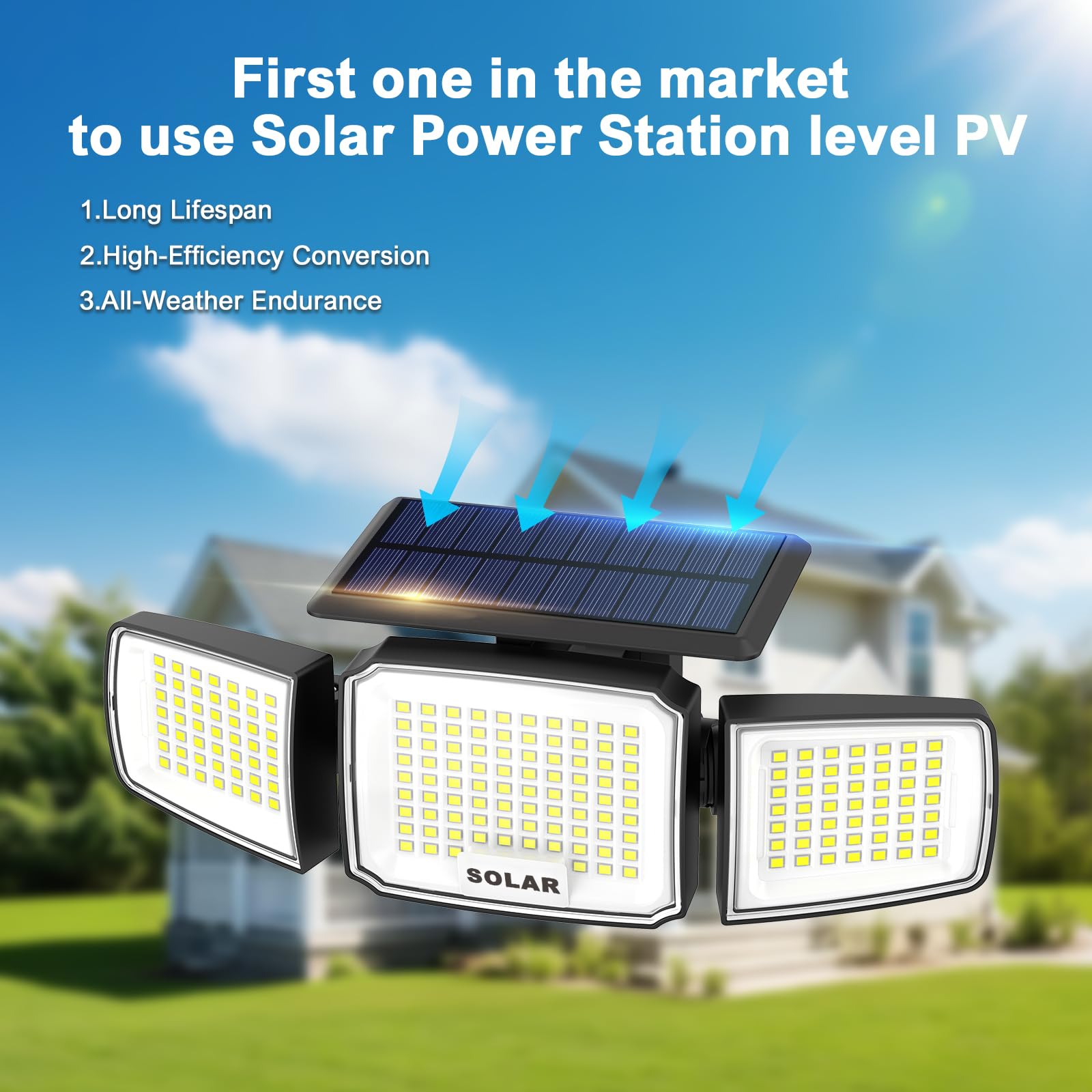 Jejot Solar Security Light Outdoor Super Bright Led W/Remote Control  Radar Motion Sensor Flood Light  3 Heads 270 Wide Angle  Ip65 Waterproof  3 Modes (1 Pack)