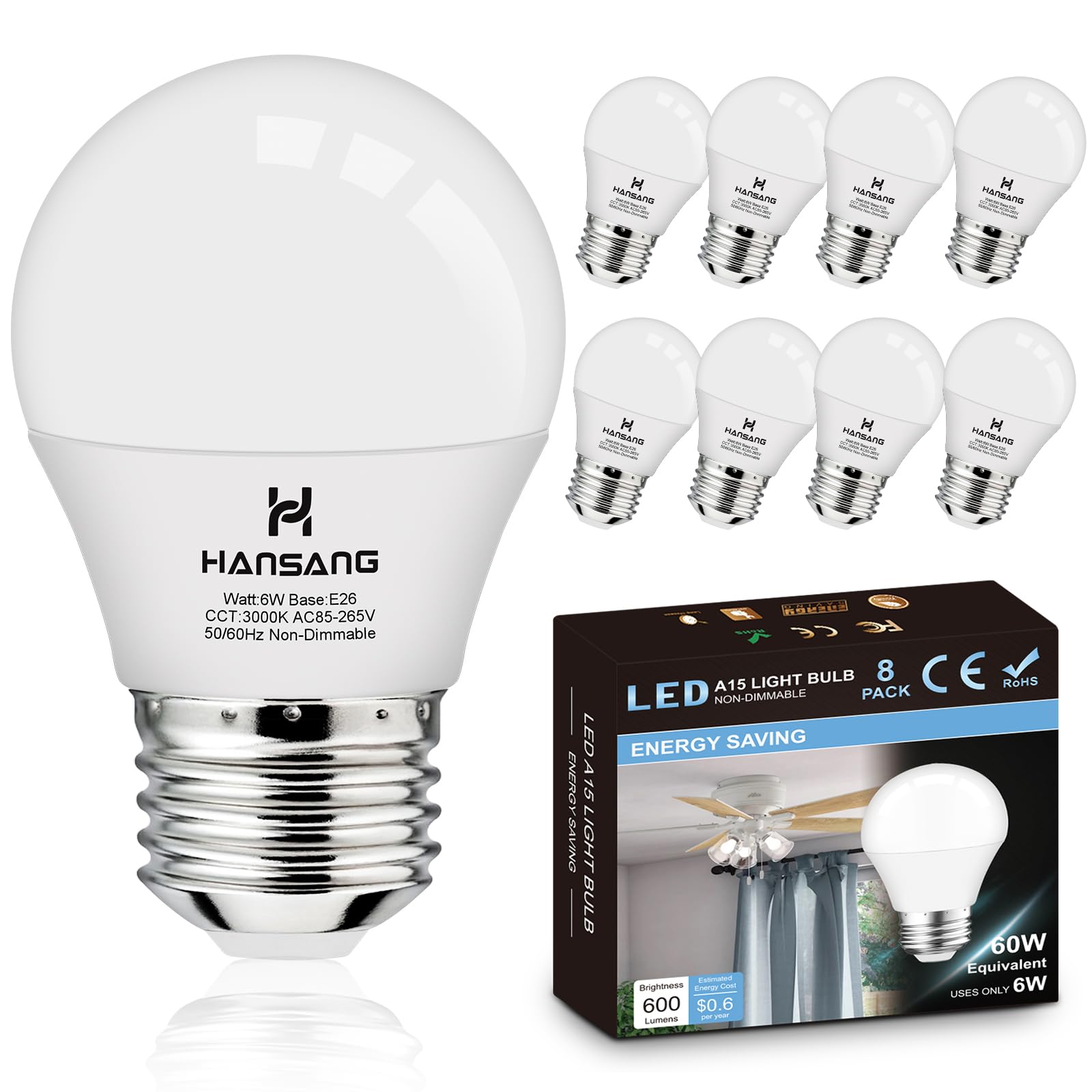Hansang 8 Pack E26 Appliance Light Bulb, 3000K Soft White, 60 Watt Equivalent Small Light Bulb, E26 Led Bulb For Ceiling Fan, A1