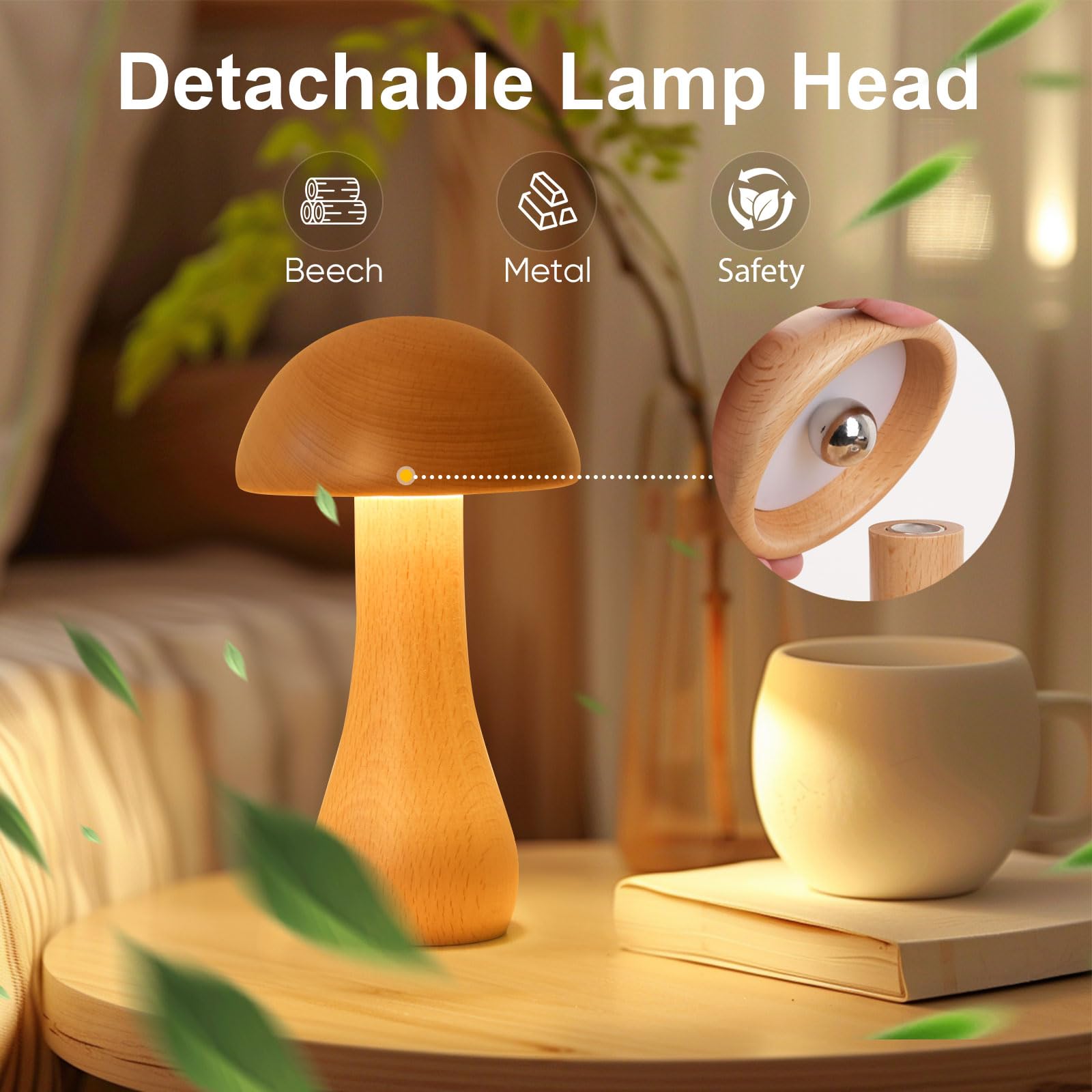 Wooden Small Mushroom Lamp, Touch Switch Cordless Table Lamp For Nightstand, Rechargeable Battery Operated Night Light, 360 Degr