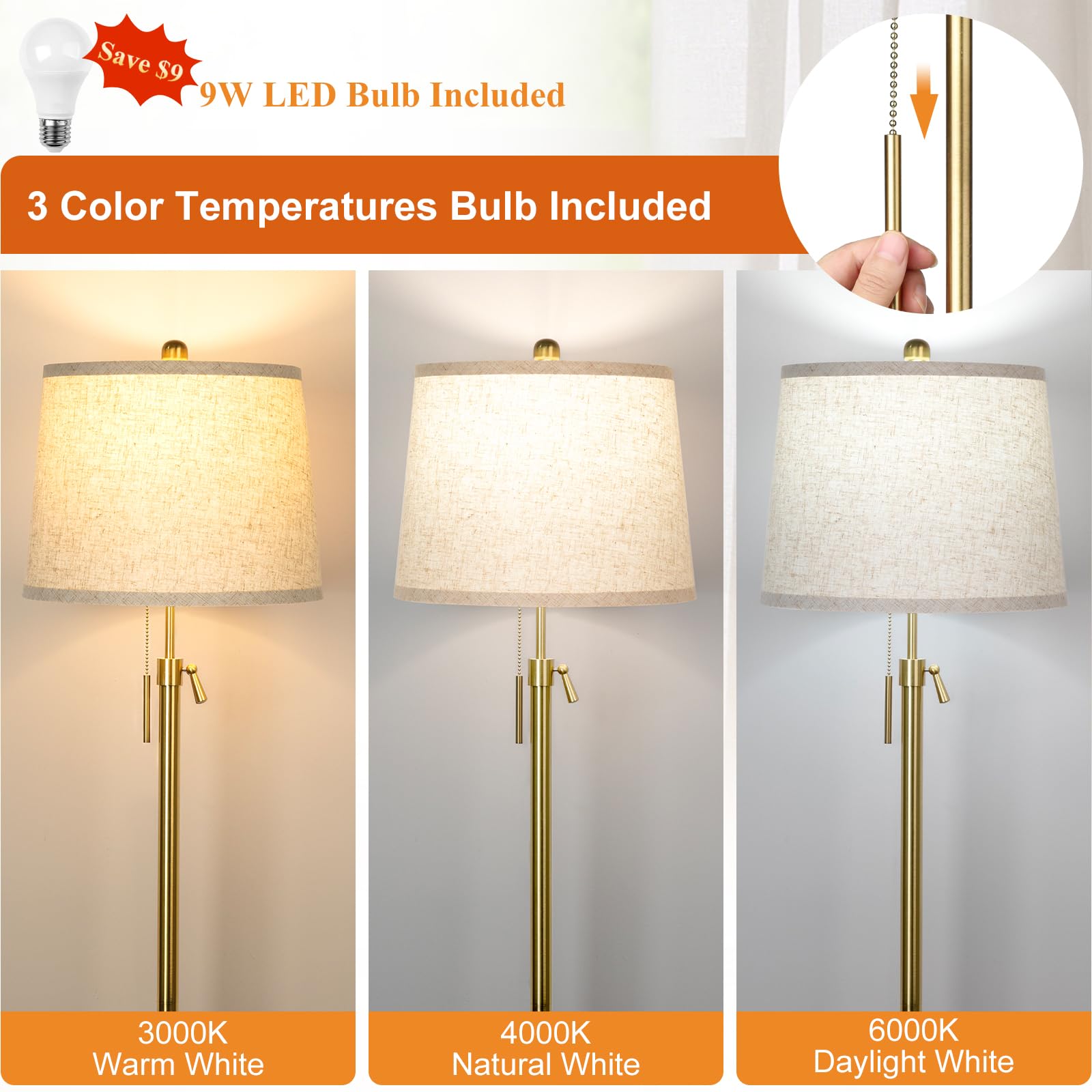 Gold Floor Lamp For Living Room 55-65'' Adjustable Modern Brass Standing Lamp With Pull Chain Tall Pole Light With Beige Shade F