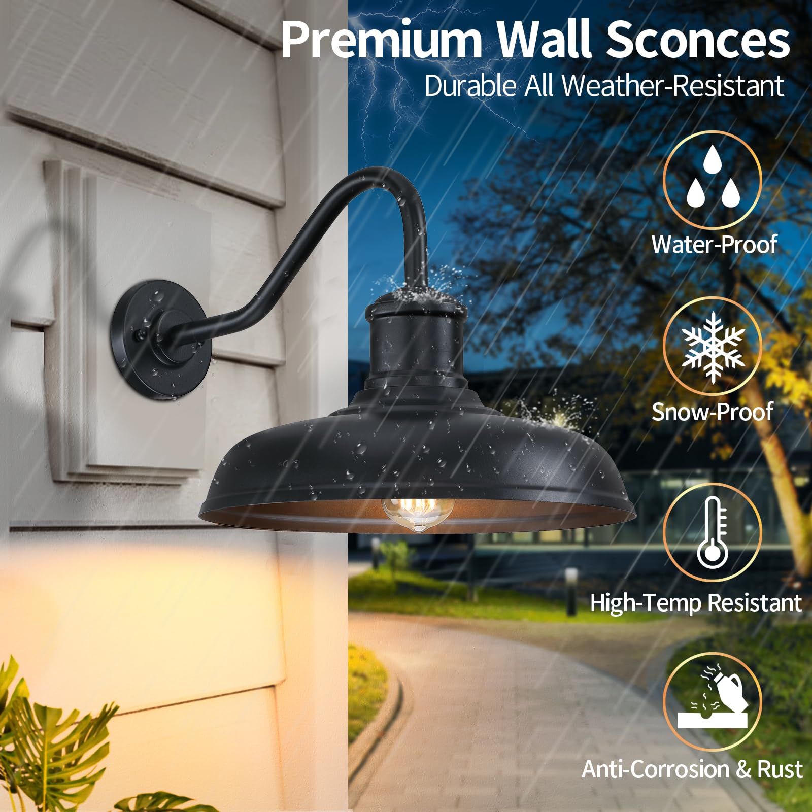 13.8 Diameter Large Outdoor Gooseneck Barn Light 2 Packs  Outdoor Wall Sconce Farmhouse Exterior Light Wall Lighting Fixture Industrial Outside Lantern For Porch  Patio  Garage  Black (No Sensor)