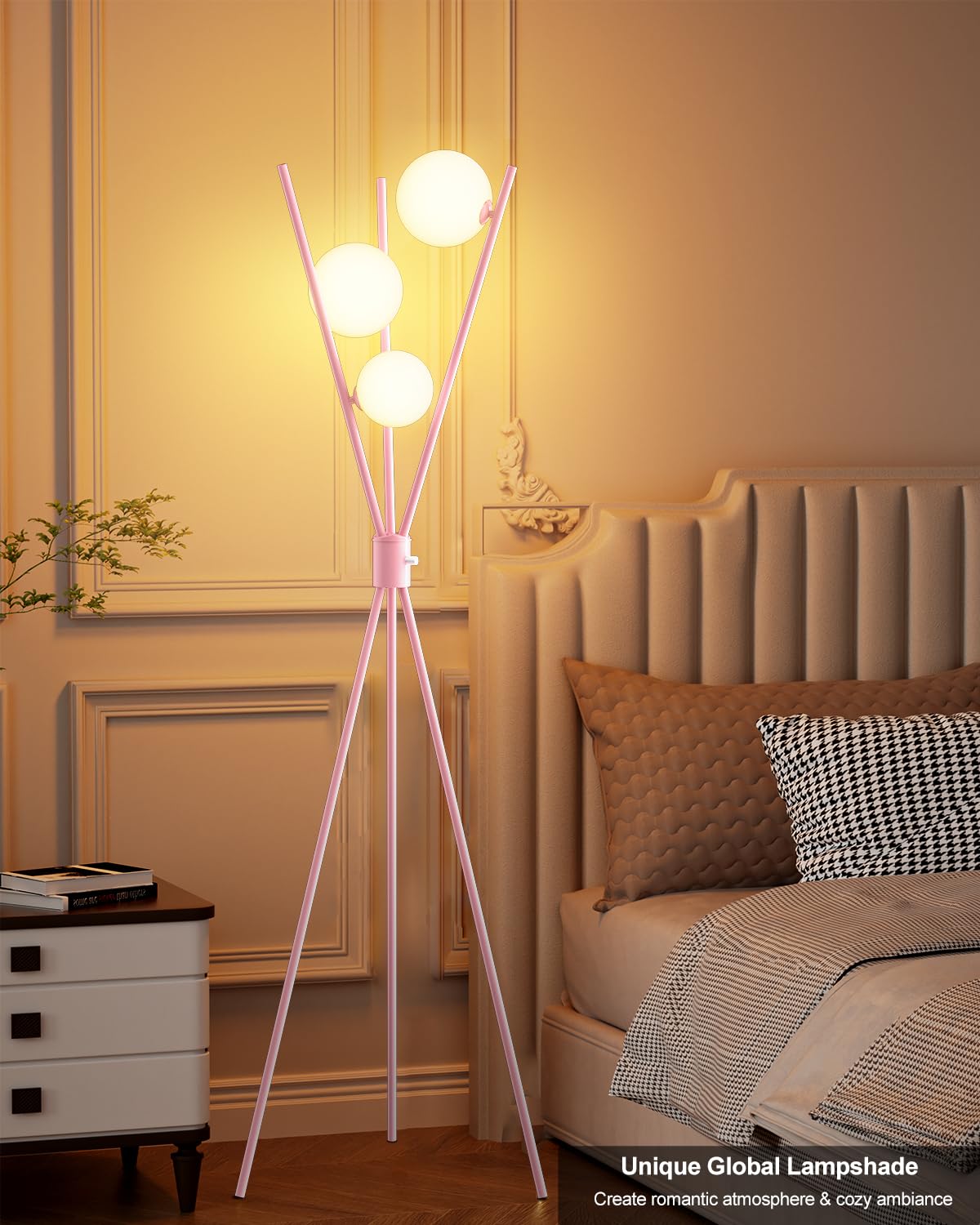 Lightdot Globe Standing Lamps Stepless Dimmable Pink Tripod Floor Lamp With 3Pcs 3000K G9 Bulbs Stable Base Mid Century Modern F