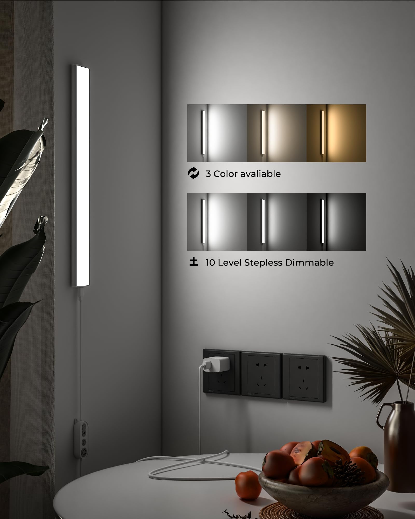 ASOKO Plug-in Under Desk Light, 16 Inch LED, 700 Lumen, 3 Color Temps (3000K/4000K/6000K), Aluminum, Model UNO-P