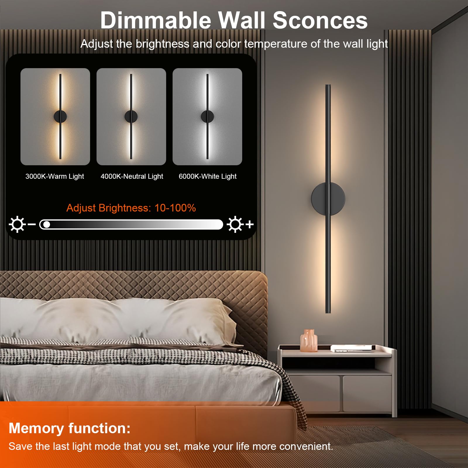 Tartek Battery Operated Wall Sconces Set of Two, Dimmable LED 3000K-6000K, 32 Inch, Black, Rechargeable with Remote Control, Model SE