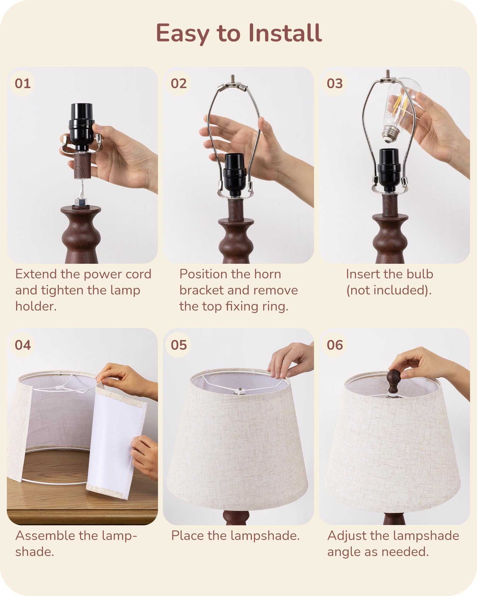 EDISHINE 21.85 Boho Table Lamp, Rustic Bedside Lamp, Water Transfer Red Wood Grain Metal Base, Beige Linen Shade, Farmhouse Nigh