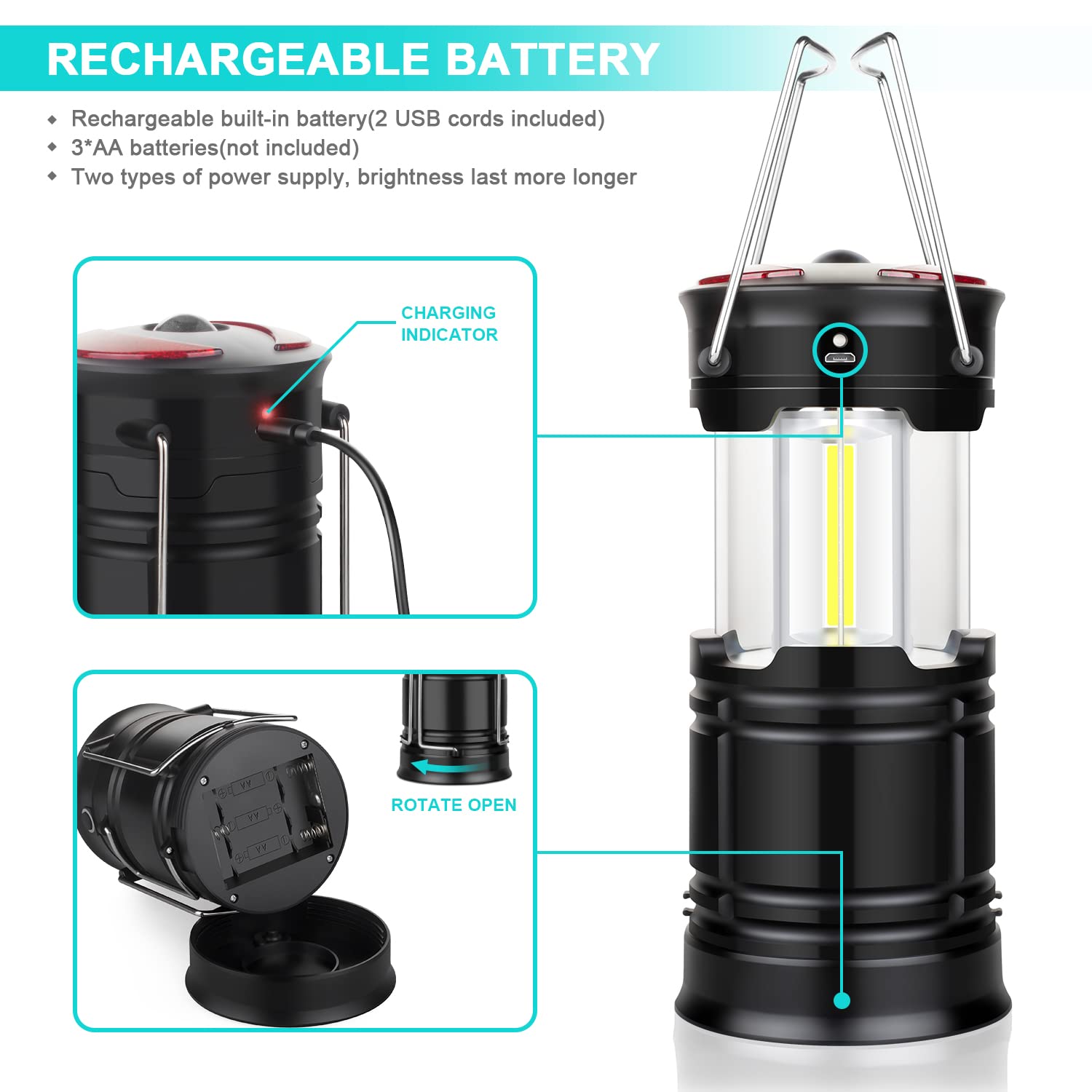 EZORKAS 2 Pack Camping Lanterns - USB Rechargeable, Battery Powered, Red, Metal, Model 433, with Flashlight and Magnet Base for Emergencies