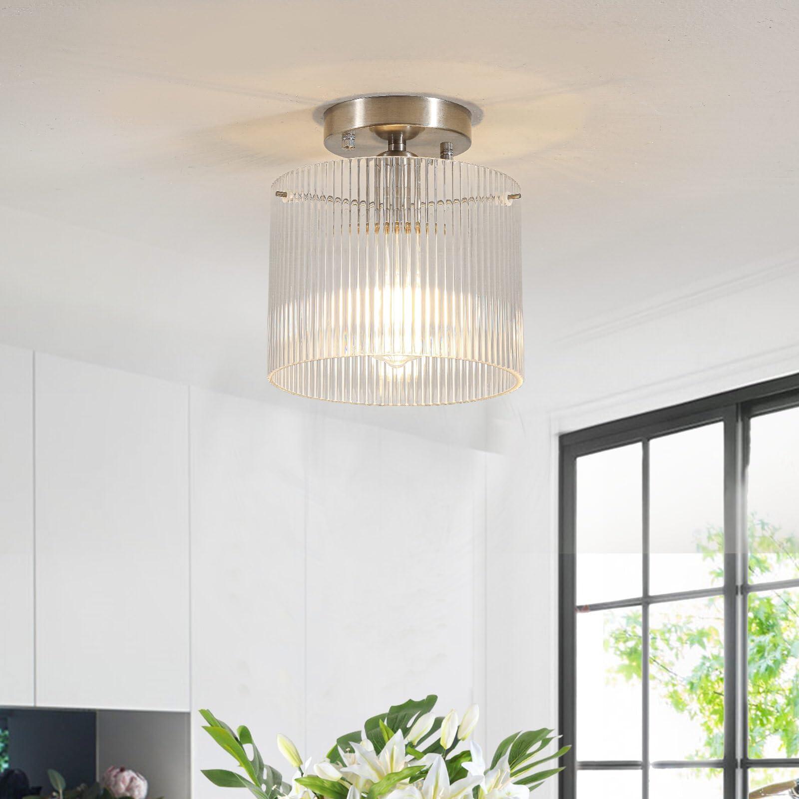 Wochos Modern Semi Flush Mount Ceiling Light, Industrial Clear Glass Ceiling Light Fixture, Crystal Ceiling Lamp, Modern Ceiling