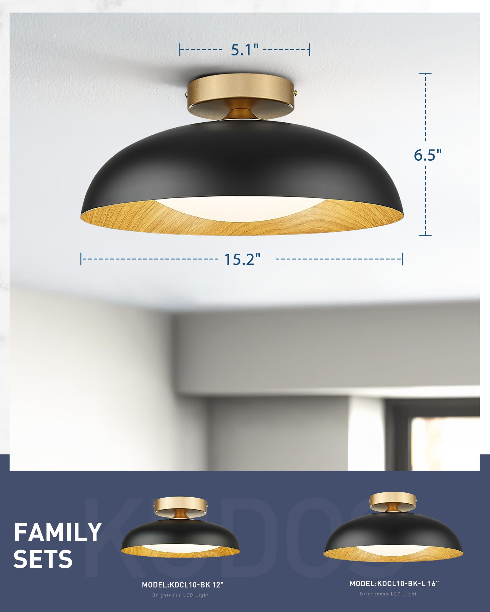 Kudos 15-Inch Ceiling Light,Flush Mount Ceiling Light With Painted Wood-Grain And Black Finish, 24W/1300Lm Light Fixtures Ceiling Mount For Kitchen,Bedroom,Hallway,5Cct,Kdcl10-Bk-L