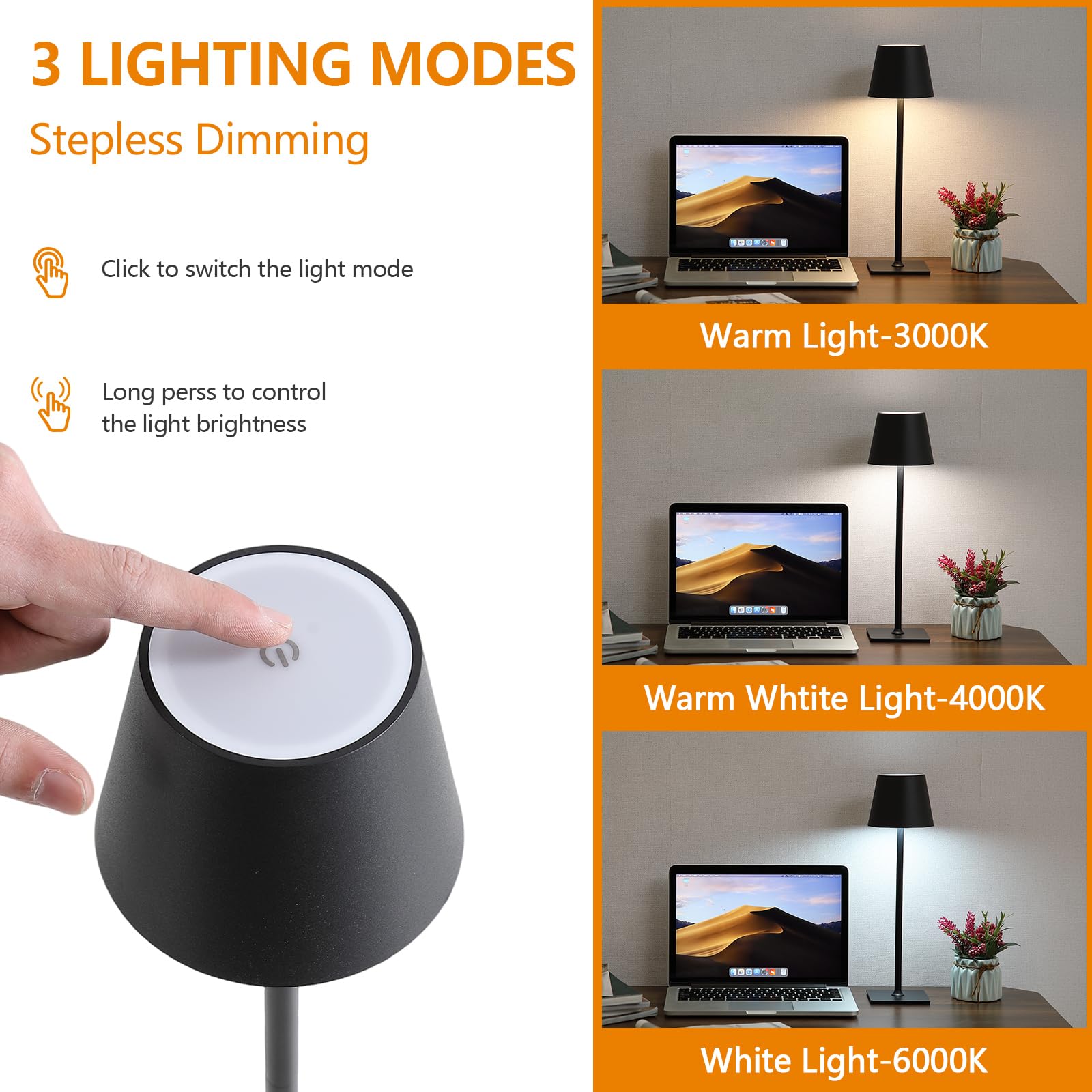 Aihying 2 Pack Black Cordless Table Lamp,Portable Led Desk Lamp, 5000Mah Battery Operated, 3 Color Stepless Dimming Up,Night Lig