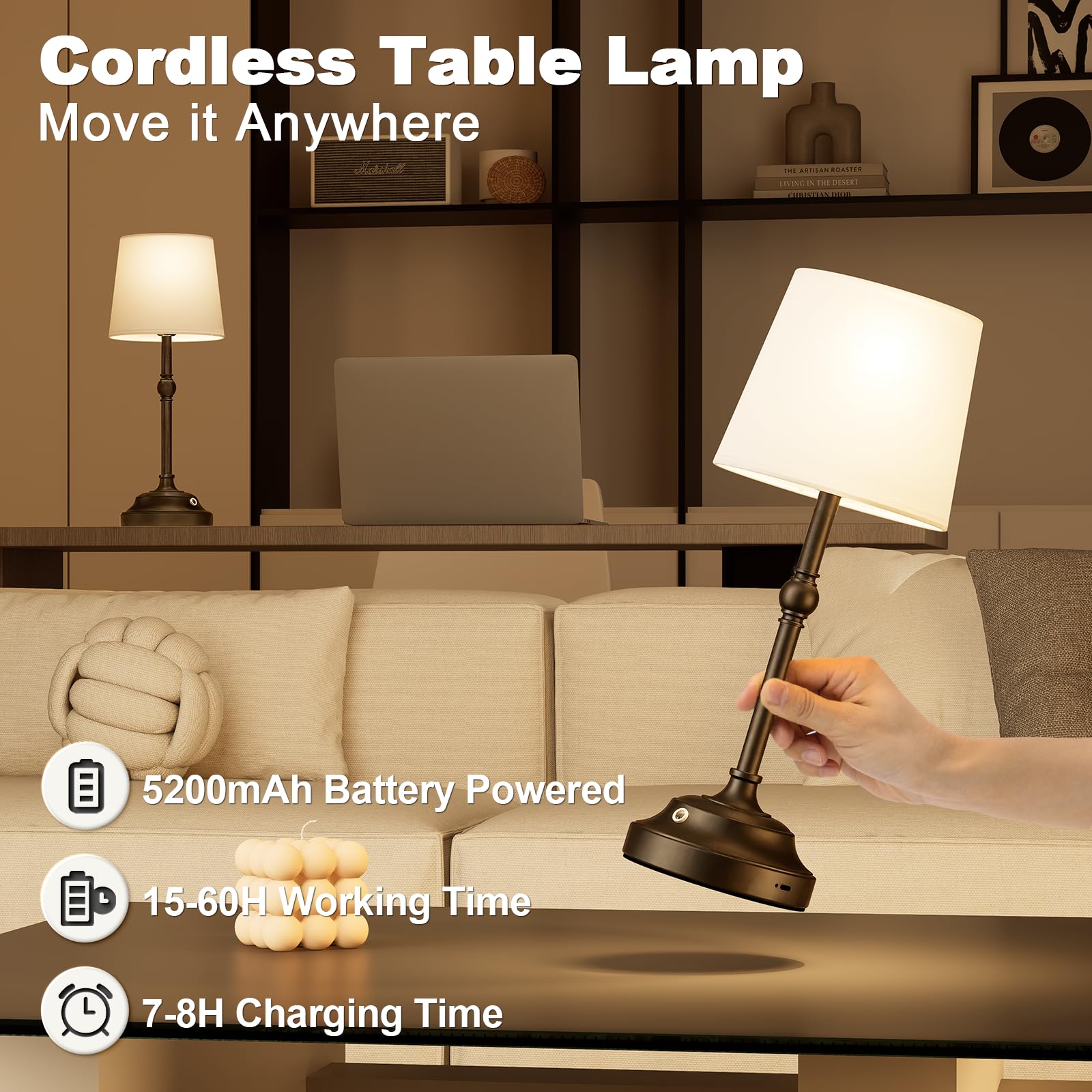 VOLISUN Cordless Table Lamp 2 Pack, 5200mAh Battery, Touch Dimmable, Wireless Bedside Light, Black, Model 21577ZM