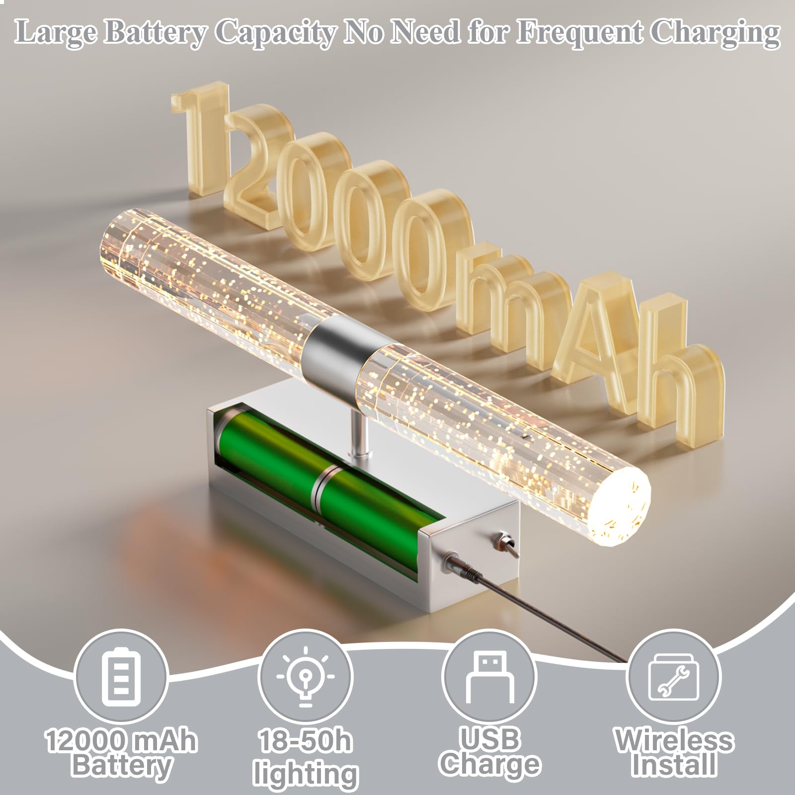 Camuucci Battery Operated Sliver Wall Sconce 12000Mah Rechargeable Battery Powered Wall Lighting Indoor Not Hardwired Dimmable W