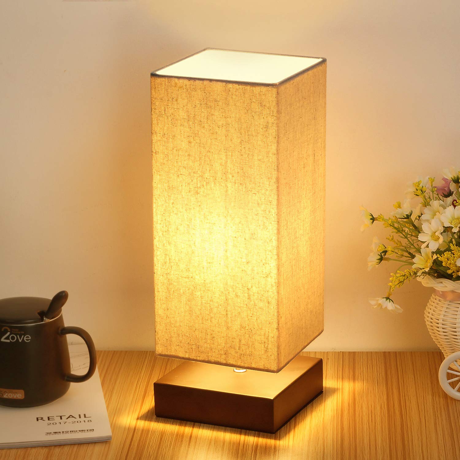 Touch Control Table Lamp Bedside 3 Way Dimmable Touch Desk Lamp Modern Nightstand Lamp with Square Fabric Lamp Shade Simple Night Light for Bedroom Living Room Office  Led Bulb Included-New