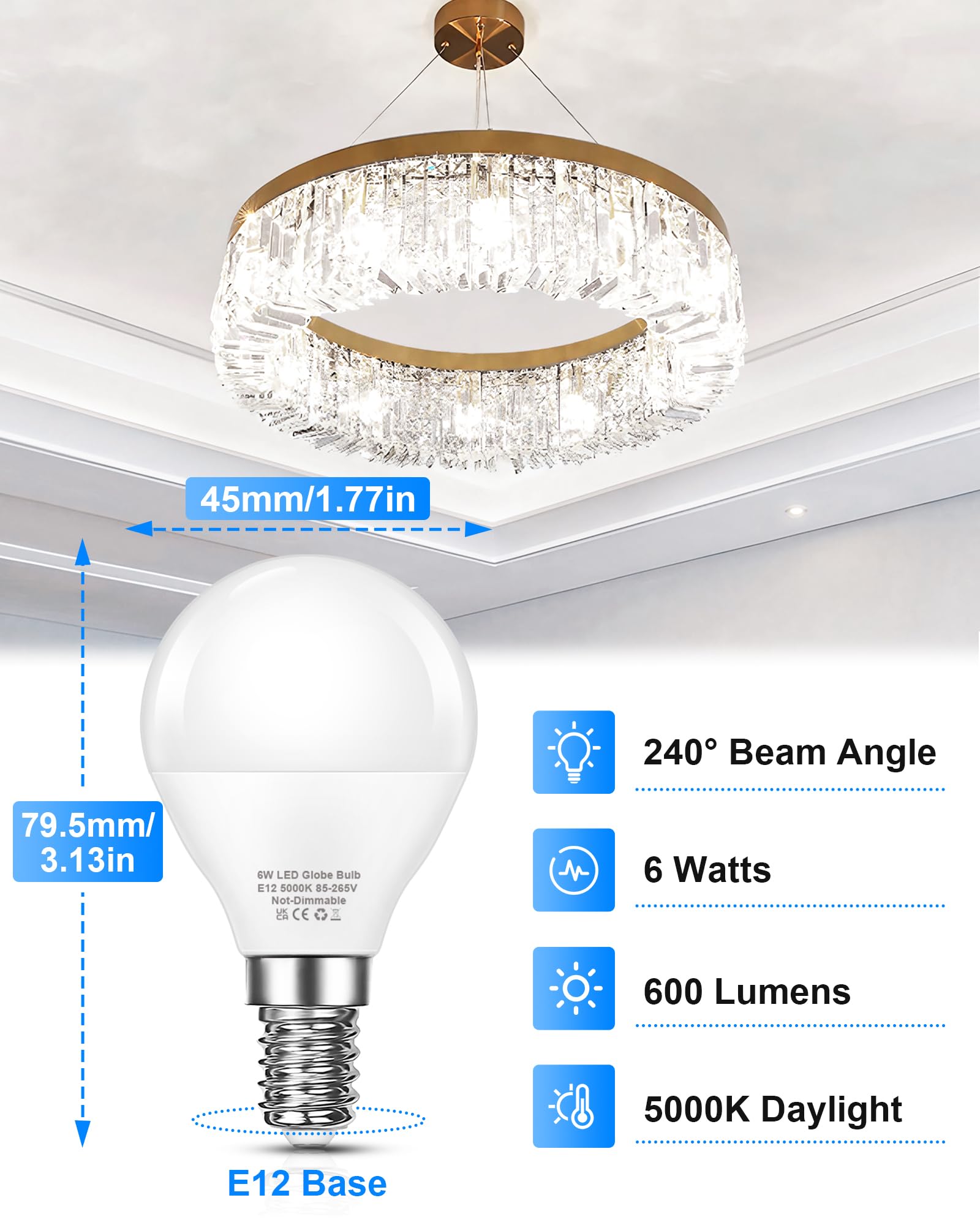 Evastary Ceiling Fan Light Bulbs, 60W Equivalent E12 Led Bulb, Super Bright 600Lm Daylight 5000K Small Base G45/A15 Shape Candel