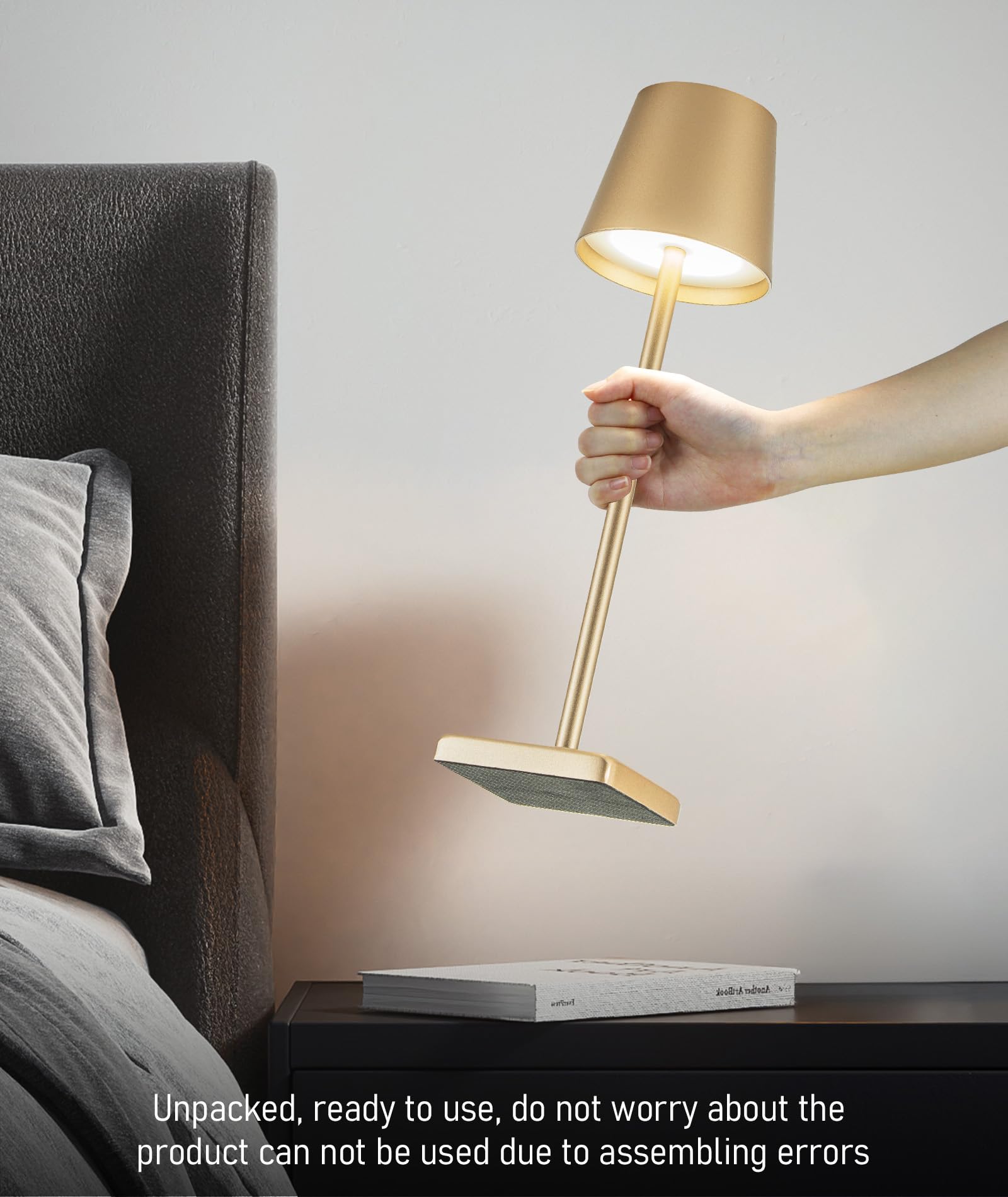 Hasun Gold Cordless Table Lamp, Aluminum Shell Led Rechargeable Desk Lamp, 3W 5200Mah Battery Operated Table Light, 3 Color Step