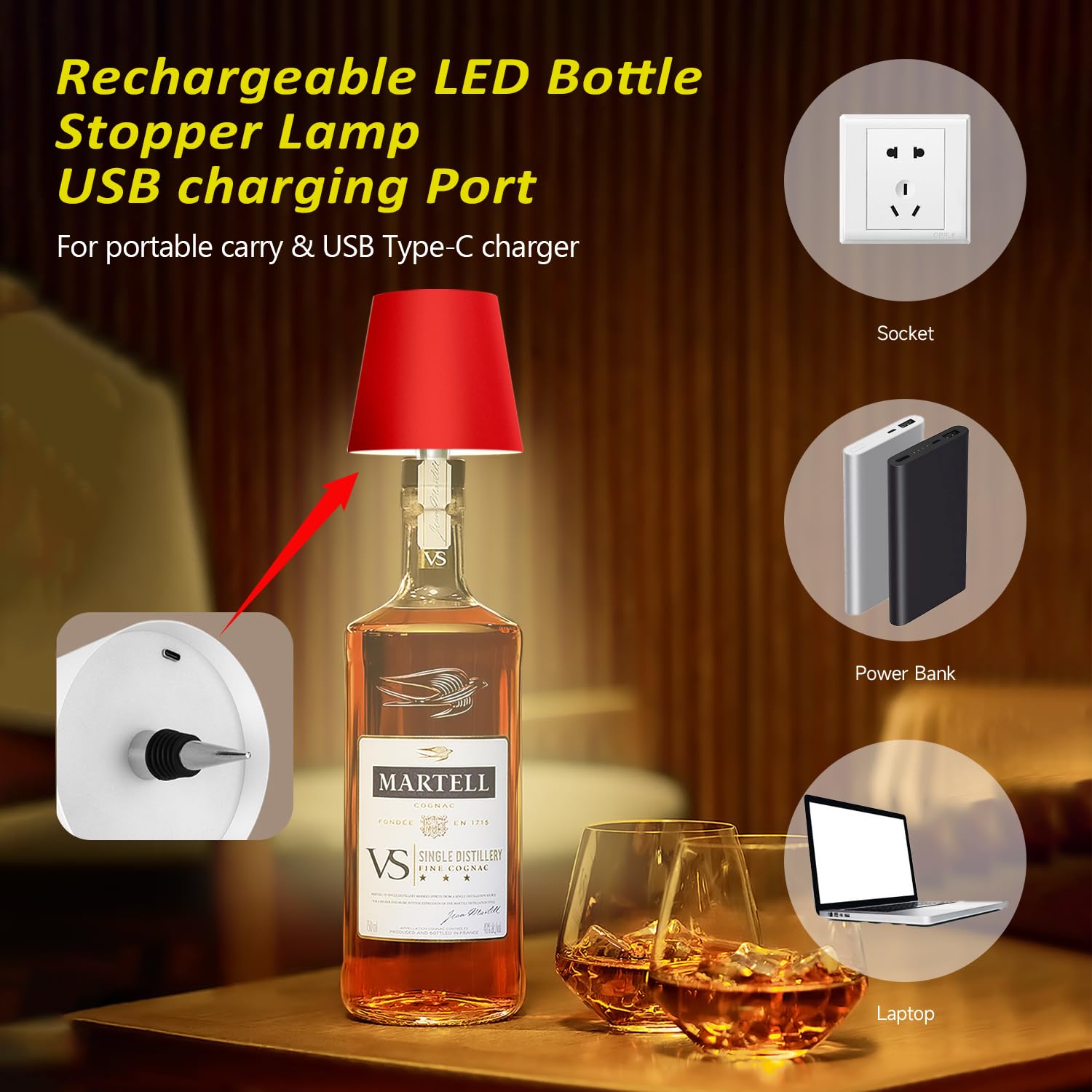 Hoide Wireless Bottle Lamp - LED Night Light Kit, Rechargeable, 5.7in, Wine Red, Plastic, Touch-Dimmable