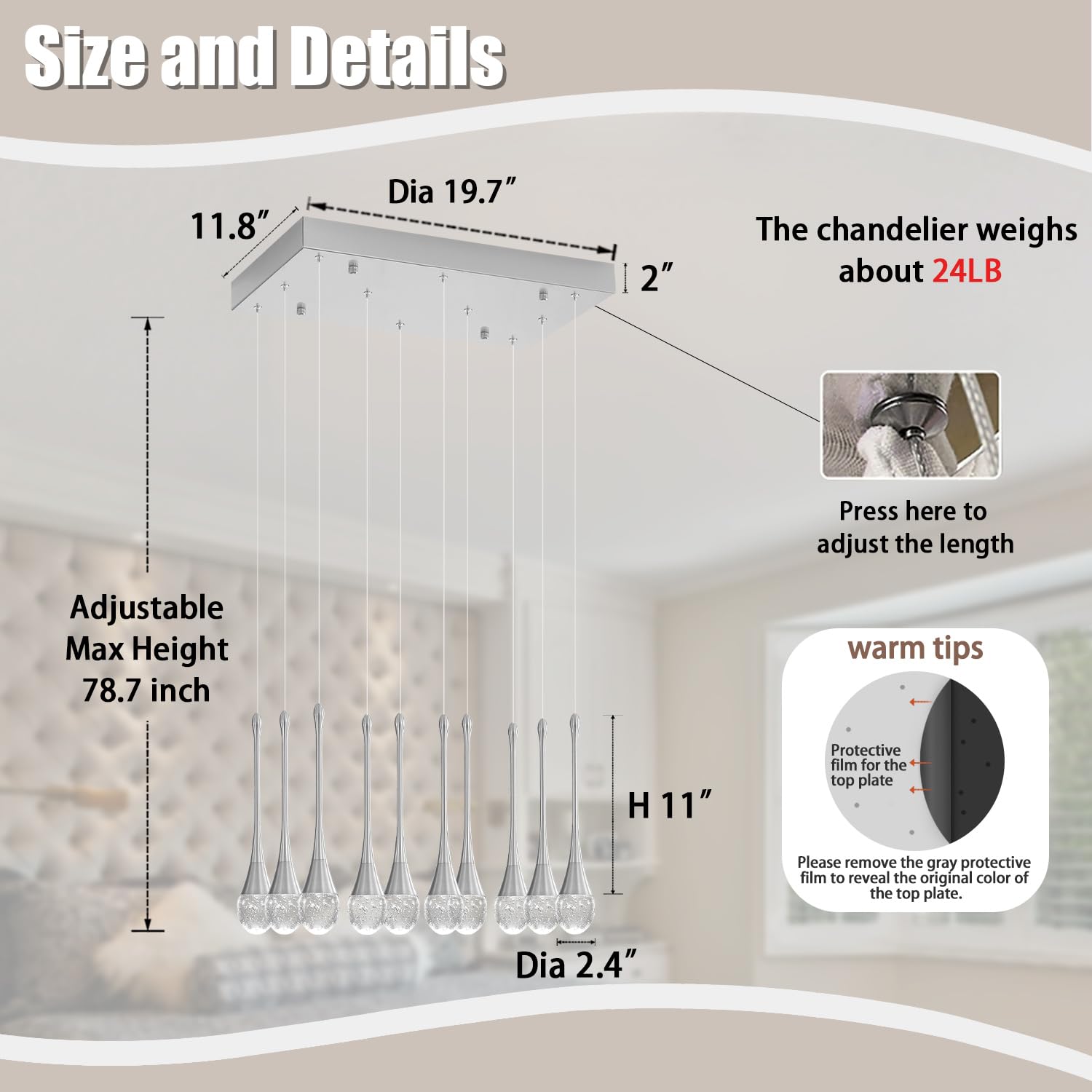 Ykolupty Rectangular Chandeliers For Living Room Silver Dining Room Lights Fixture Raindrop Pendant Lights Kitchen Island Crysta